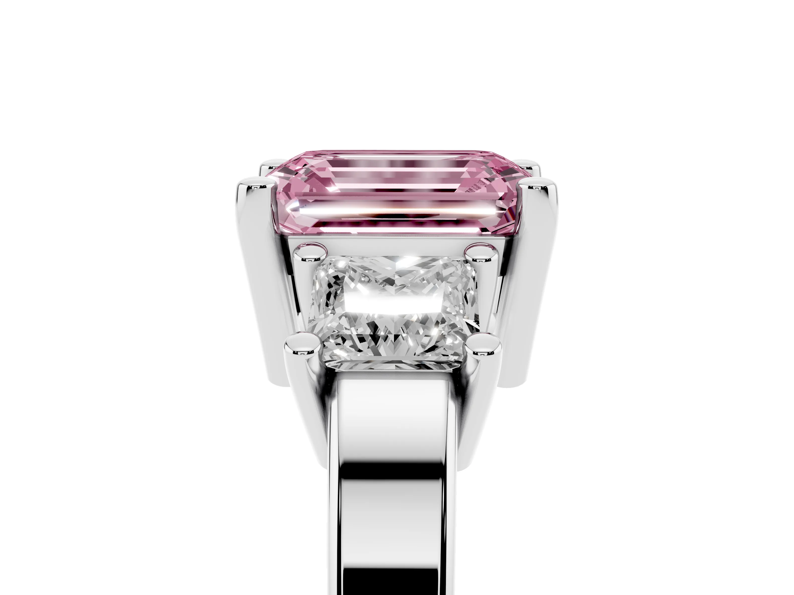 Fancy Pink Three-Stone Emerald Cut Diamond Solitaire Ring Set in Platinum with Prong Setting