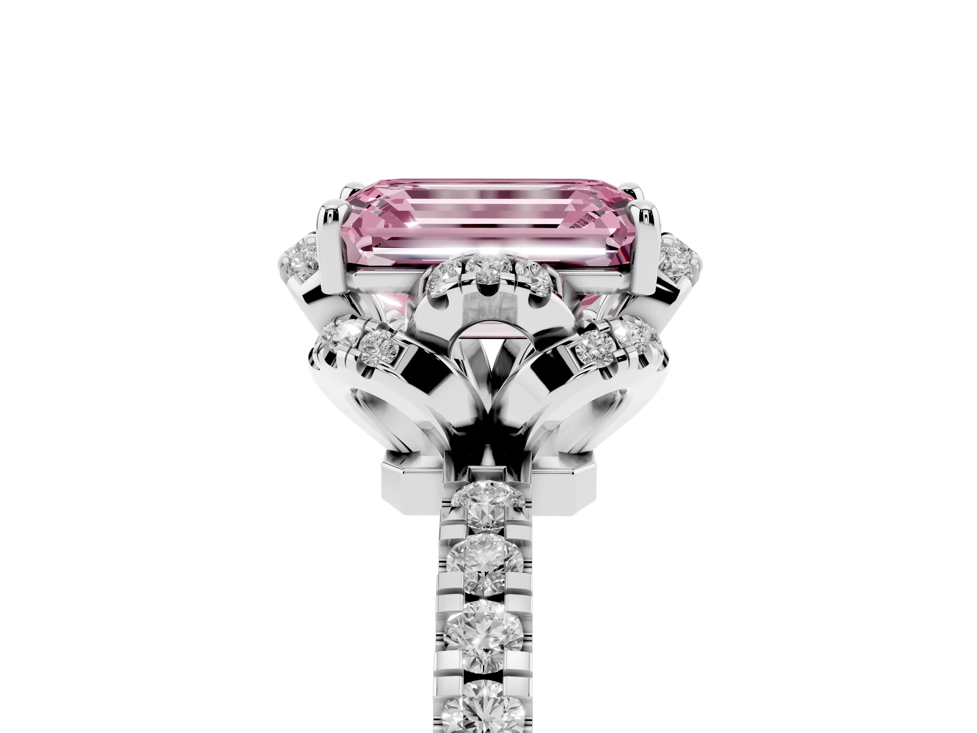 Fancy Pink Emerald Cut Diamond Halo Pavé Band Ring Set in Platinum with Prong-Held Center
