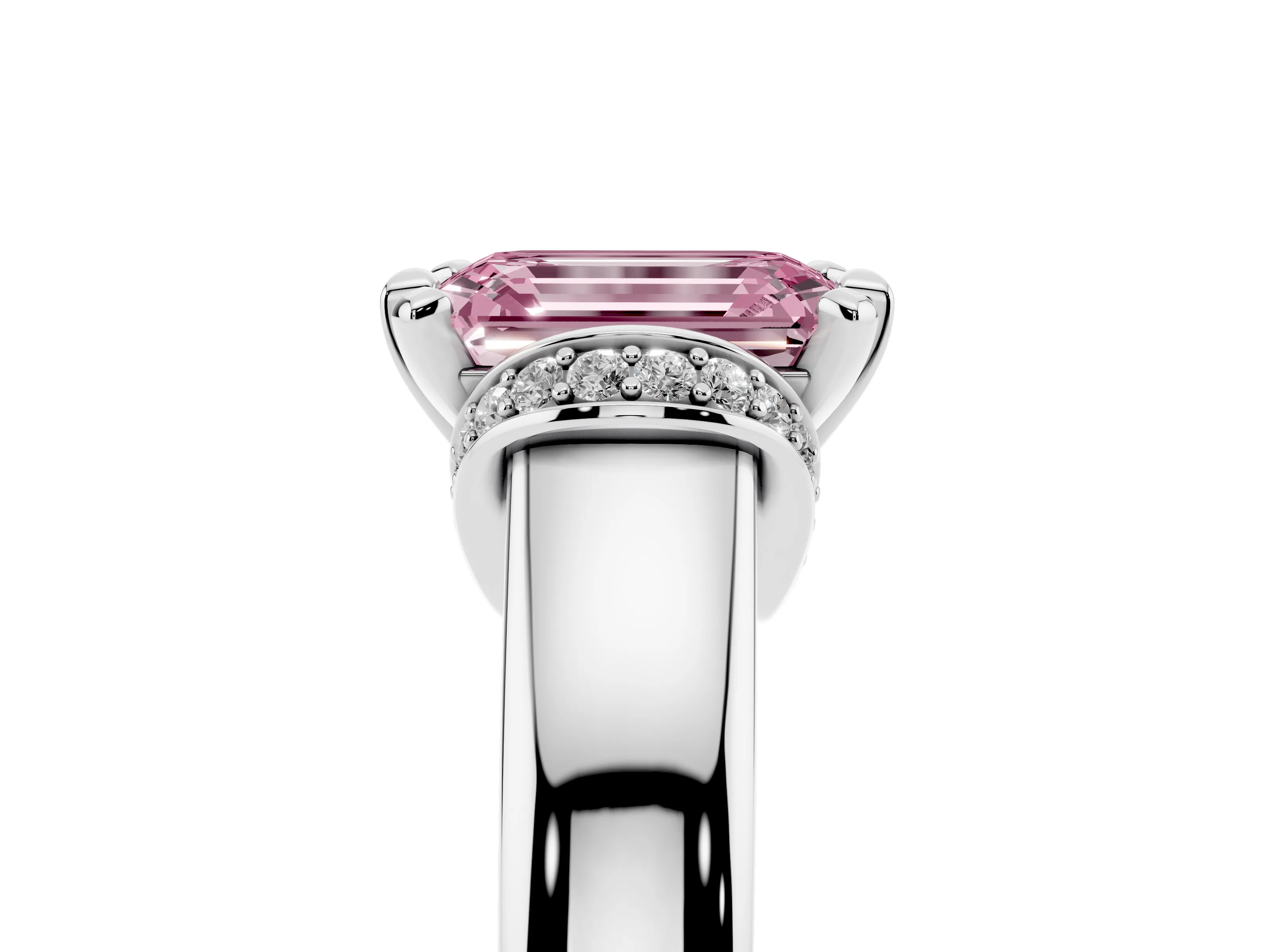 Fancy Pink Emerald Cut Diamond Pavé Band Solitaire Ring Set in White gold with Prong Setting