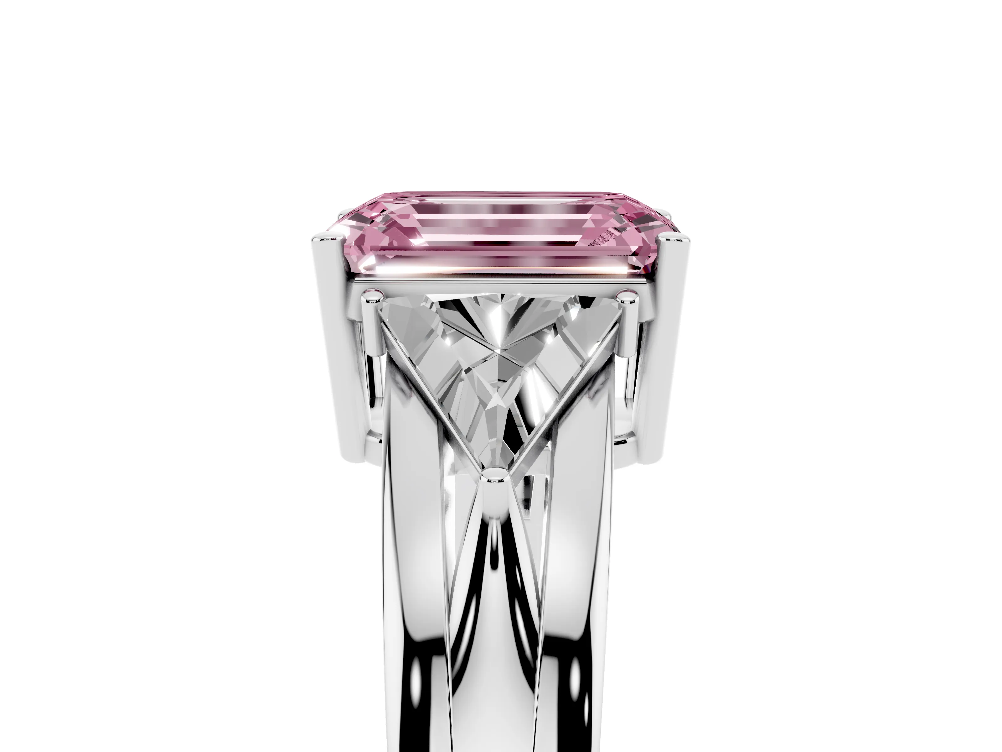 Fancy Pink Emerald Cut Diamond Three-Stone Ring Set in White gold with Trillion Side Stones and Split Shank