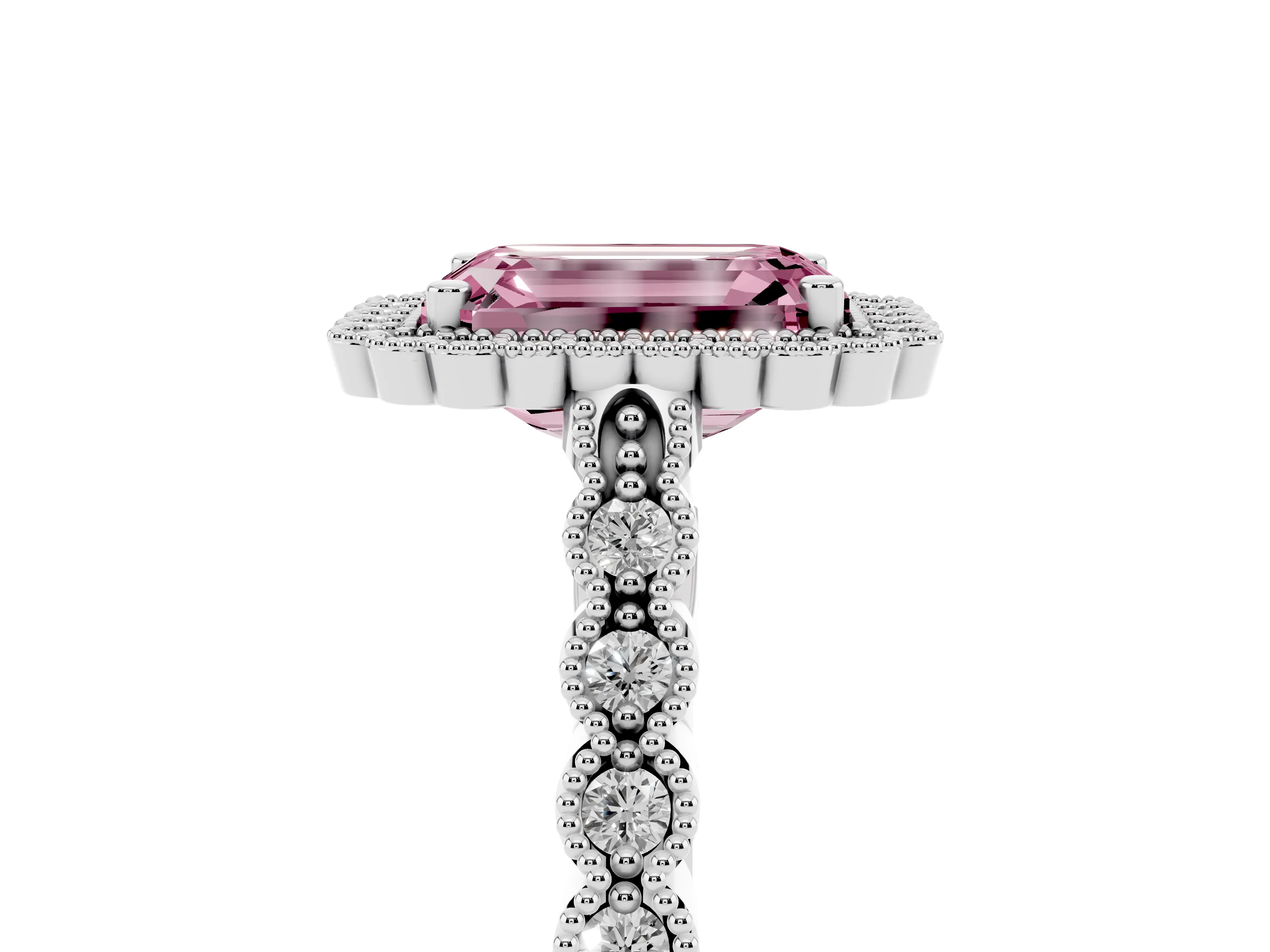 Fancy Pink Emerald Cut Diamond Halo Ring Set in White gold with Pavé Milgrain Band