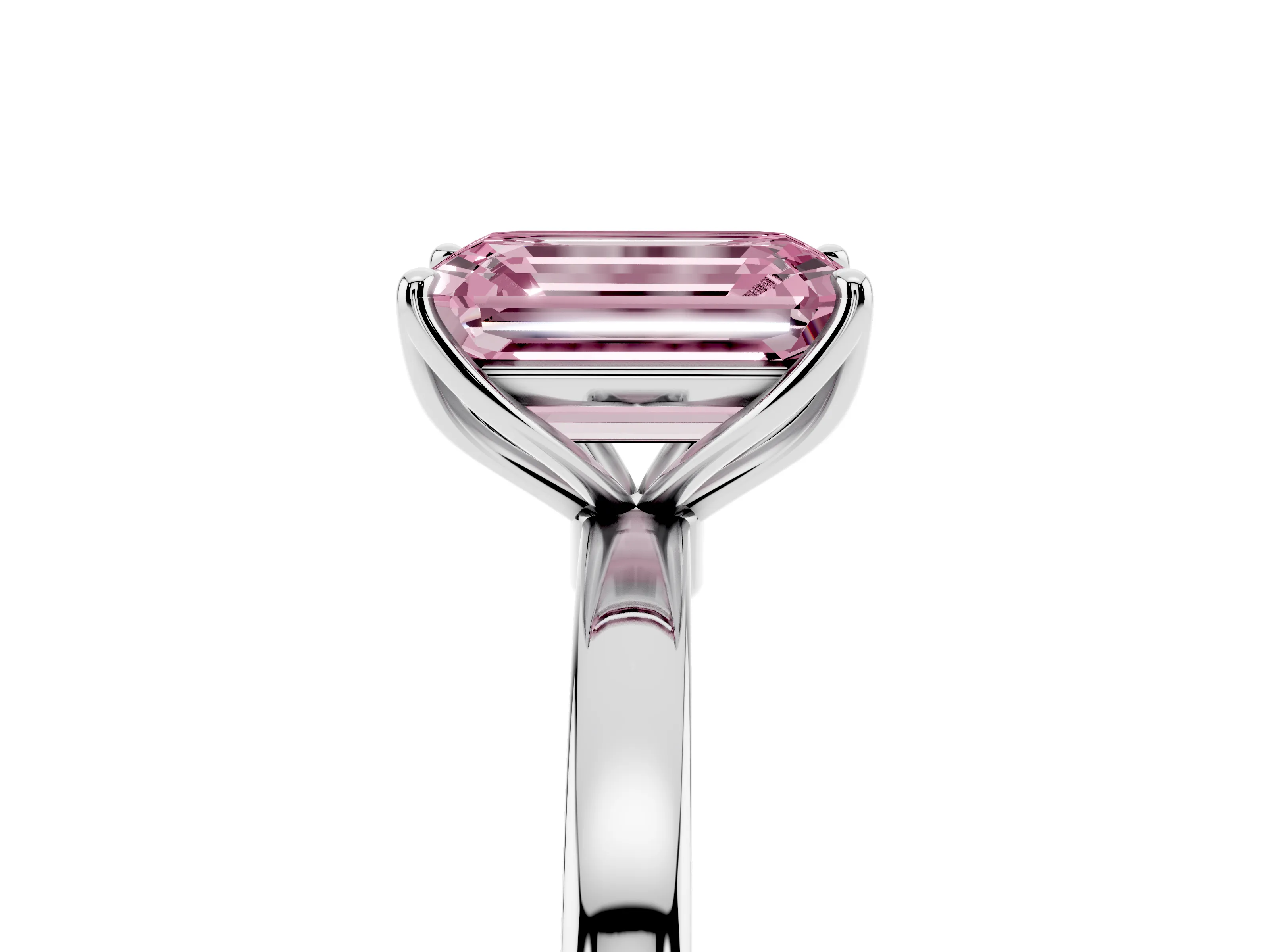 Fancy Pink Emerald Cut Diamond Solitaire Ring Set in White gold with Prong Setting and Thin Polished Band