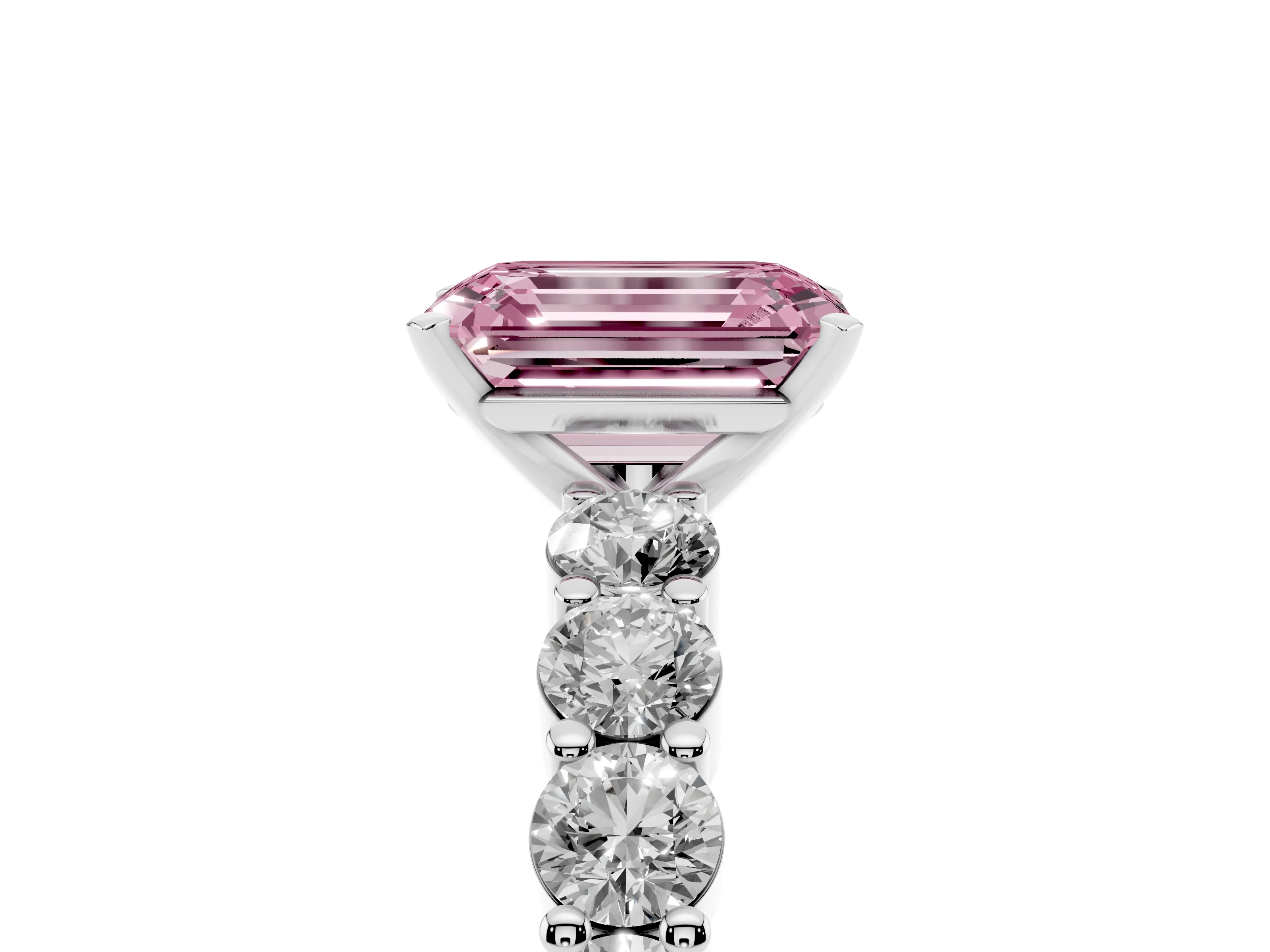 Fancy Pink Emerald Cut Diamond Solitaire Ring Set in Platinum with Shared Prong Round Side Stones