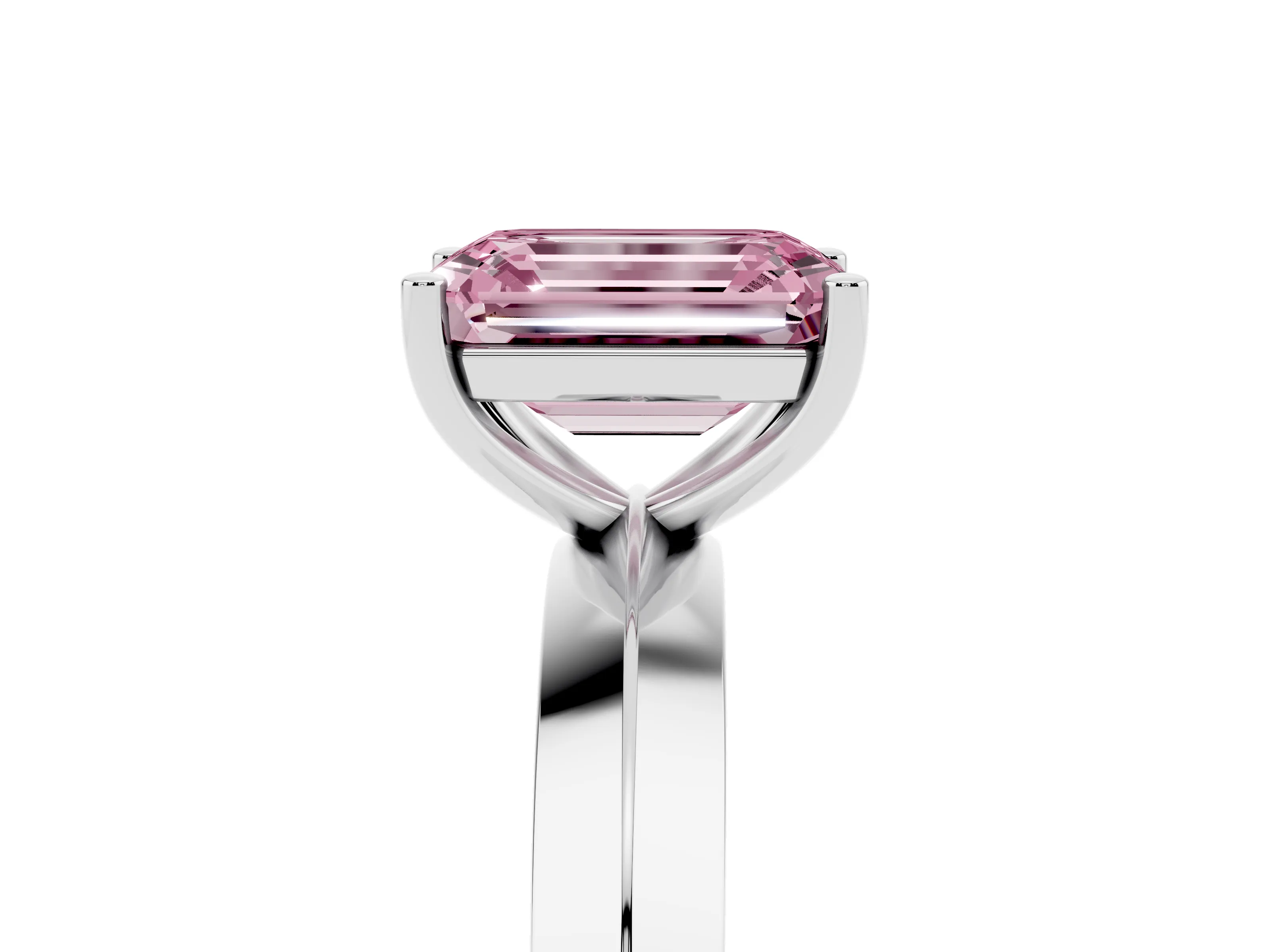 Fancy Pink Emerald Cut Diamond Solitaire Engagement Ring Set in Silver with Flat Band and Prong Setting
