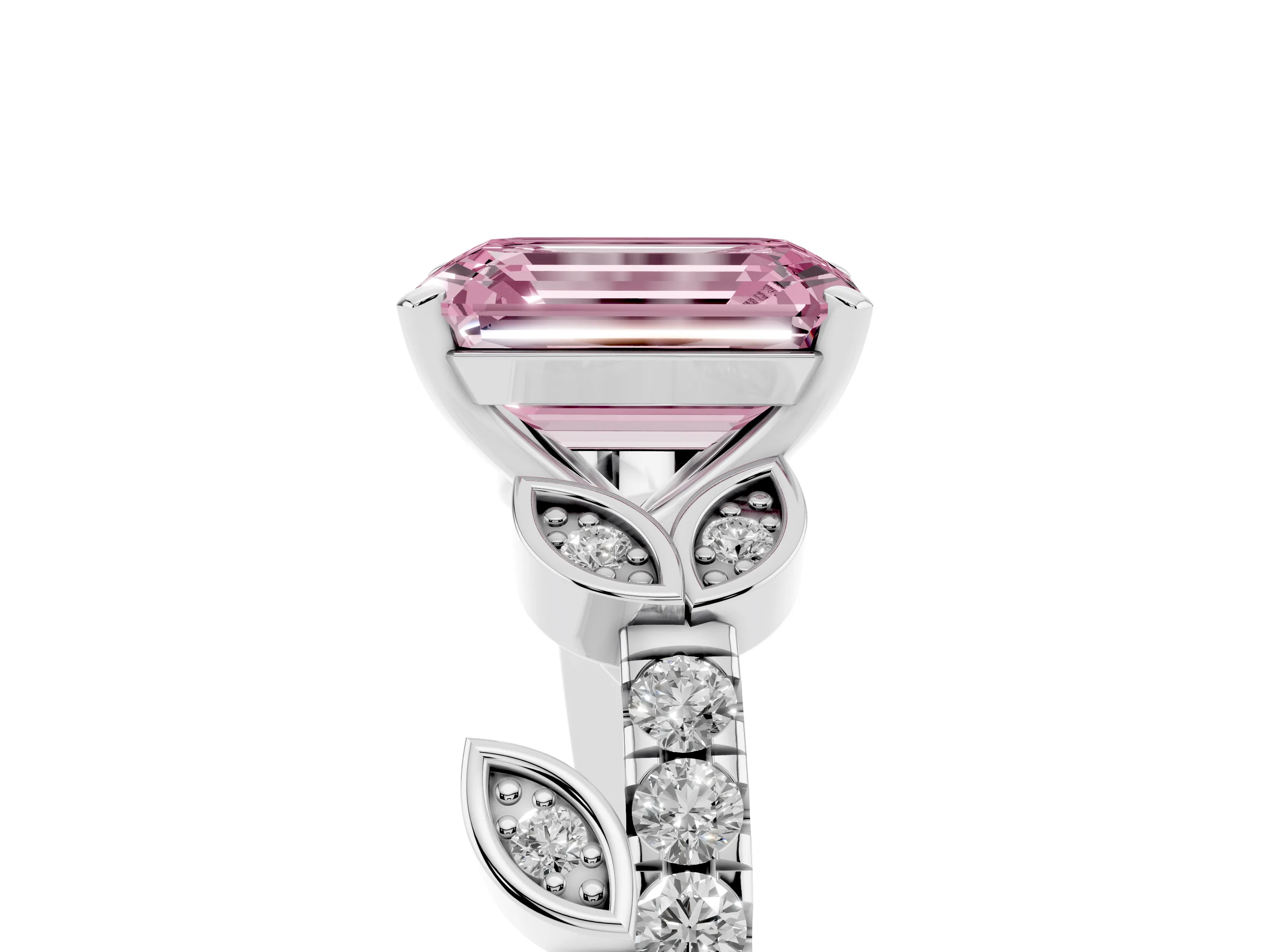 Fancy Pink Emerald Cut Diamond Solitaire Leaf-Inspired Ring Set in Platinum with Pavé Band and Prong Setting