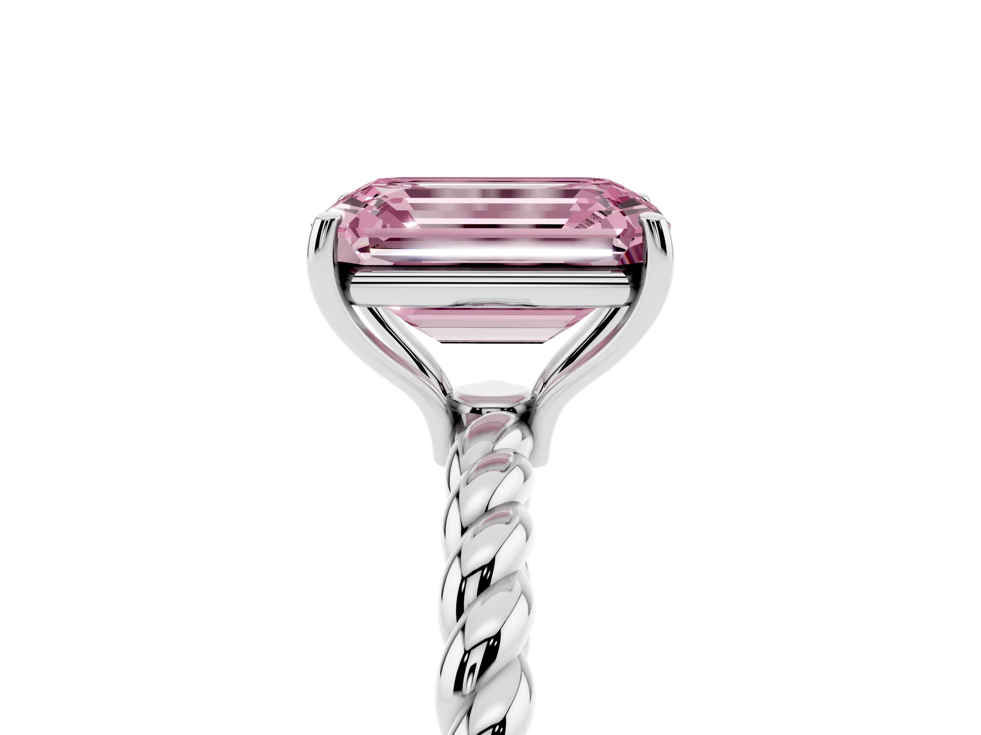 Fancy Pink Emerald Cut Diamond Solitaire Ring Set in White gold with Twist Band and Prong Setting