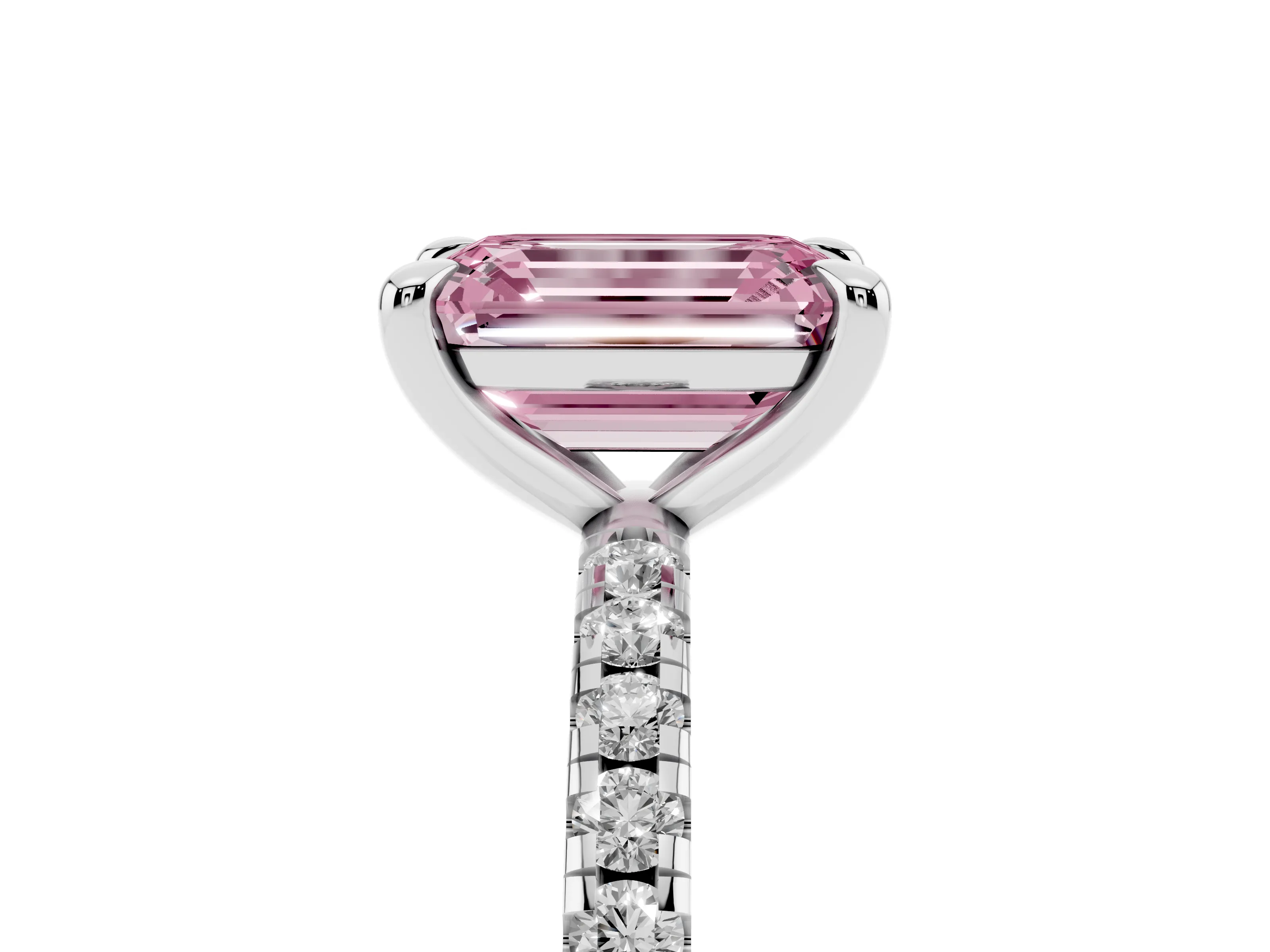 Fancy Pink Emerald Cut Diamond Brilliant Solitaire Ring Set in White gold with Pavé Band and Prong Setting