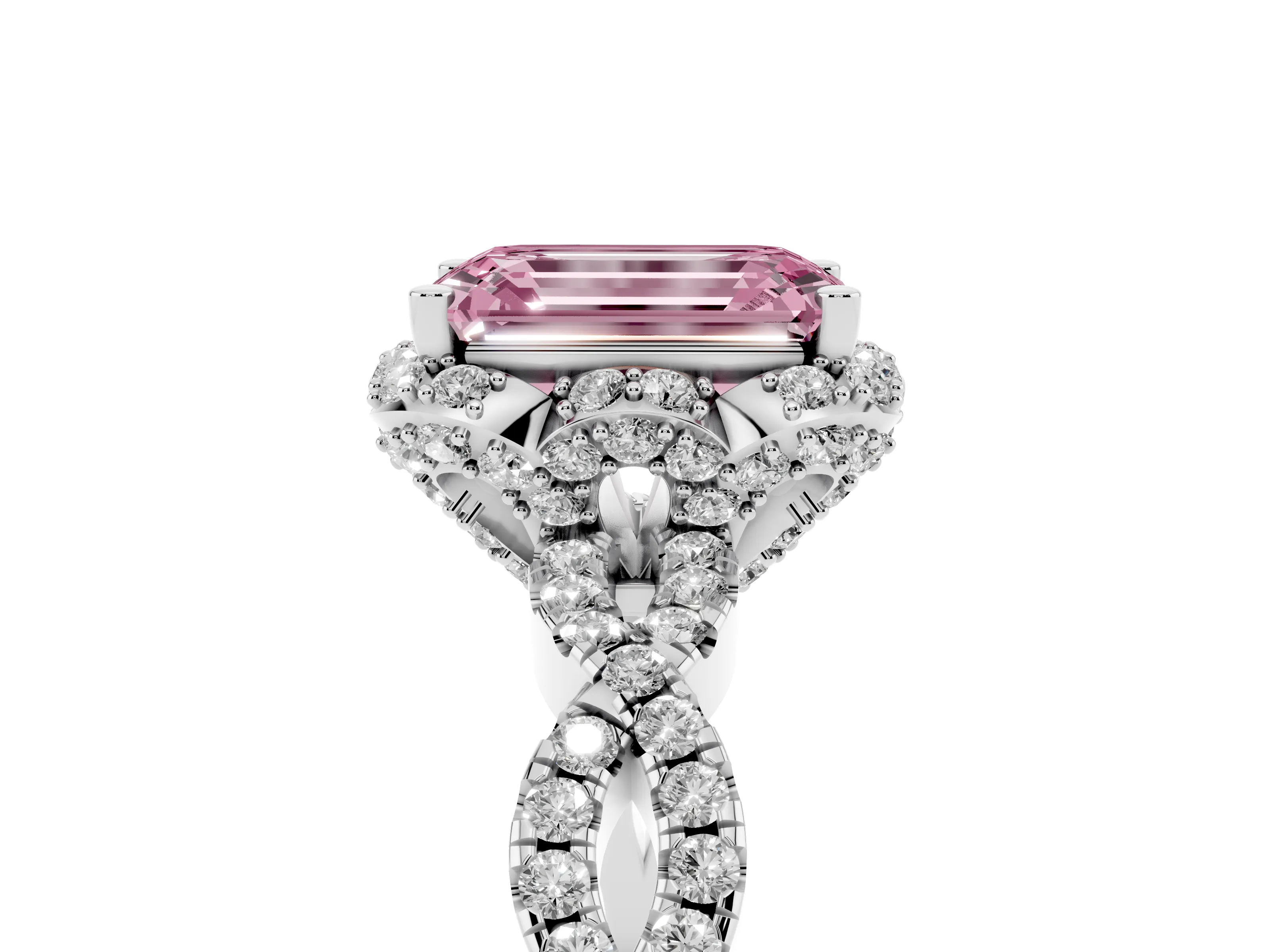 Fancy Pink Emerald Cut Diamond Halo Twist Band Solitaire Ring Set in Platinum with Prong-Set Center Stone