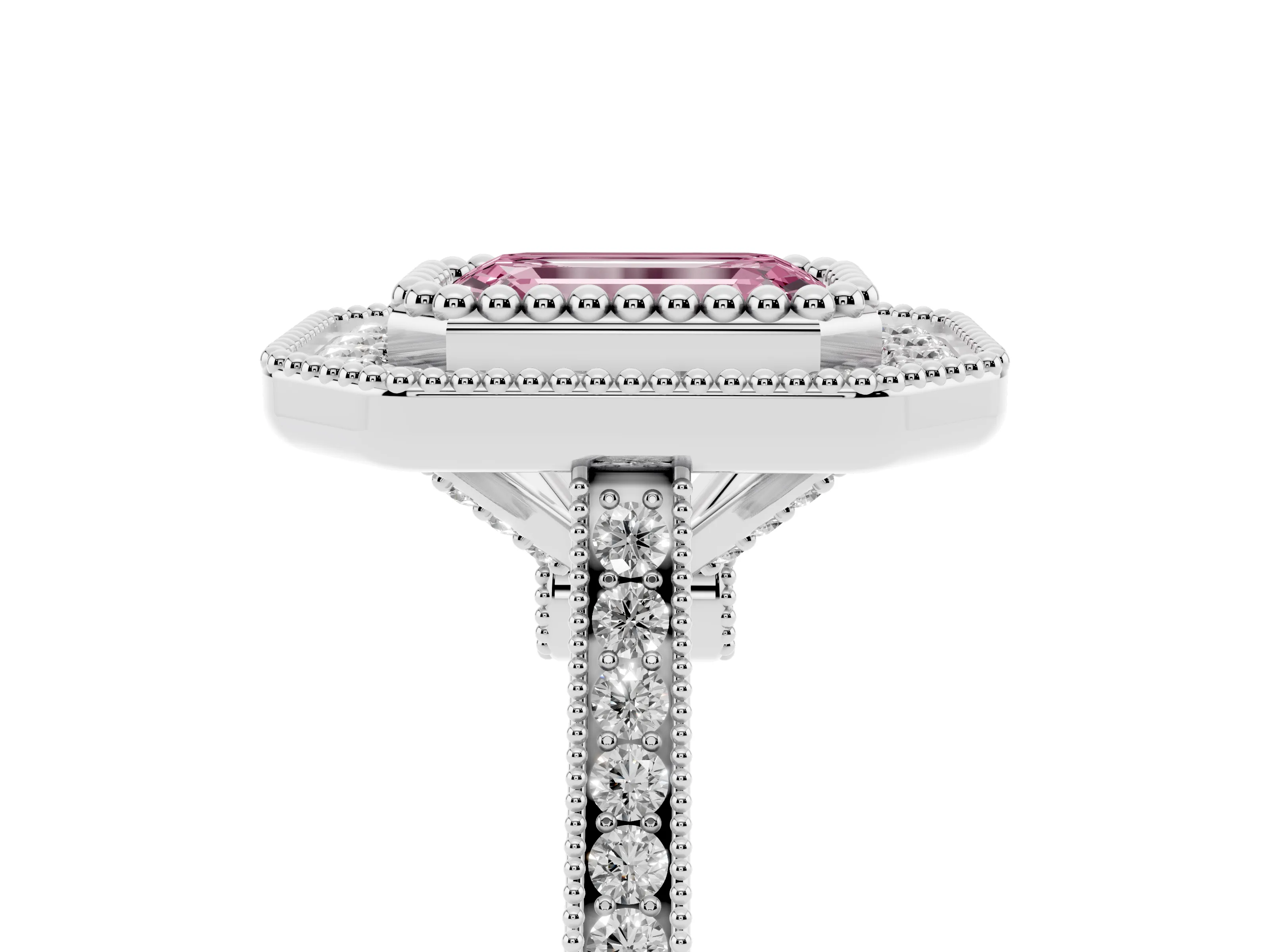 Fancy Pink Emerald Cut Diamond Halo Ring Set in White gold with Milgrain Frame and Pavé Band