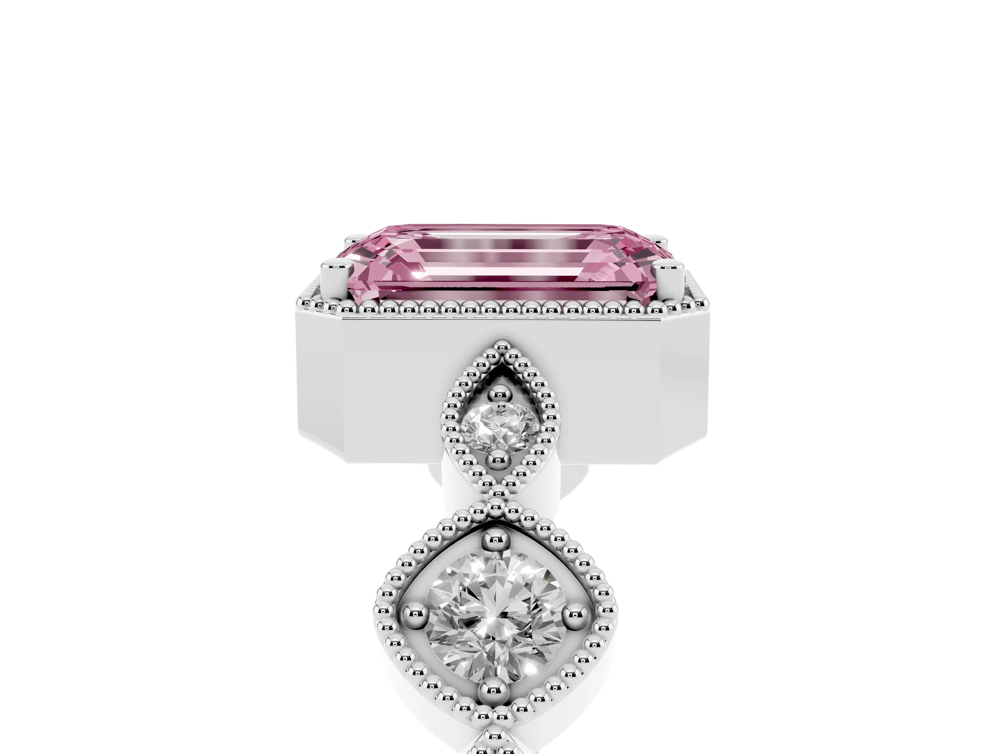 Fancy Pink Emerald Cut Diamond Vintage-Inspired Milgrain Ring Set in Platinum with Marquise Stations of Round Accents