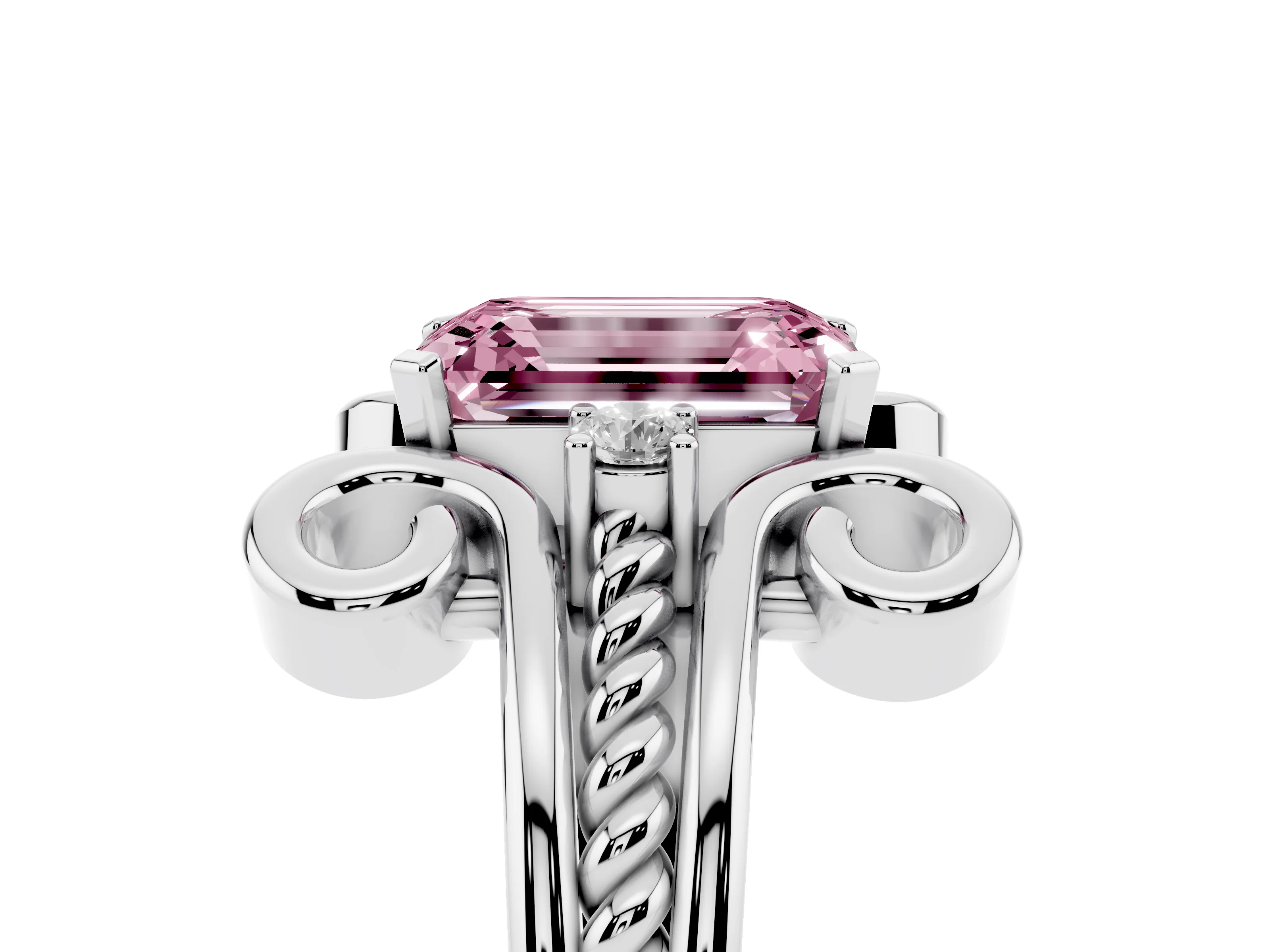 Fancy Pink Emerald Cut Diamond Twisted Band Solitaire Ring Set in Platinum with Scroll Prongs