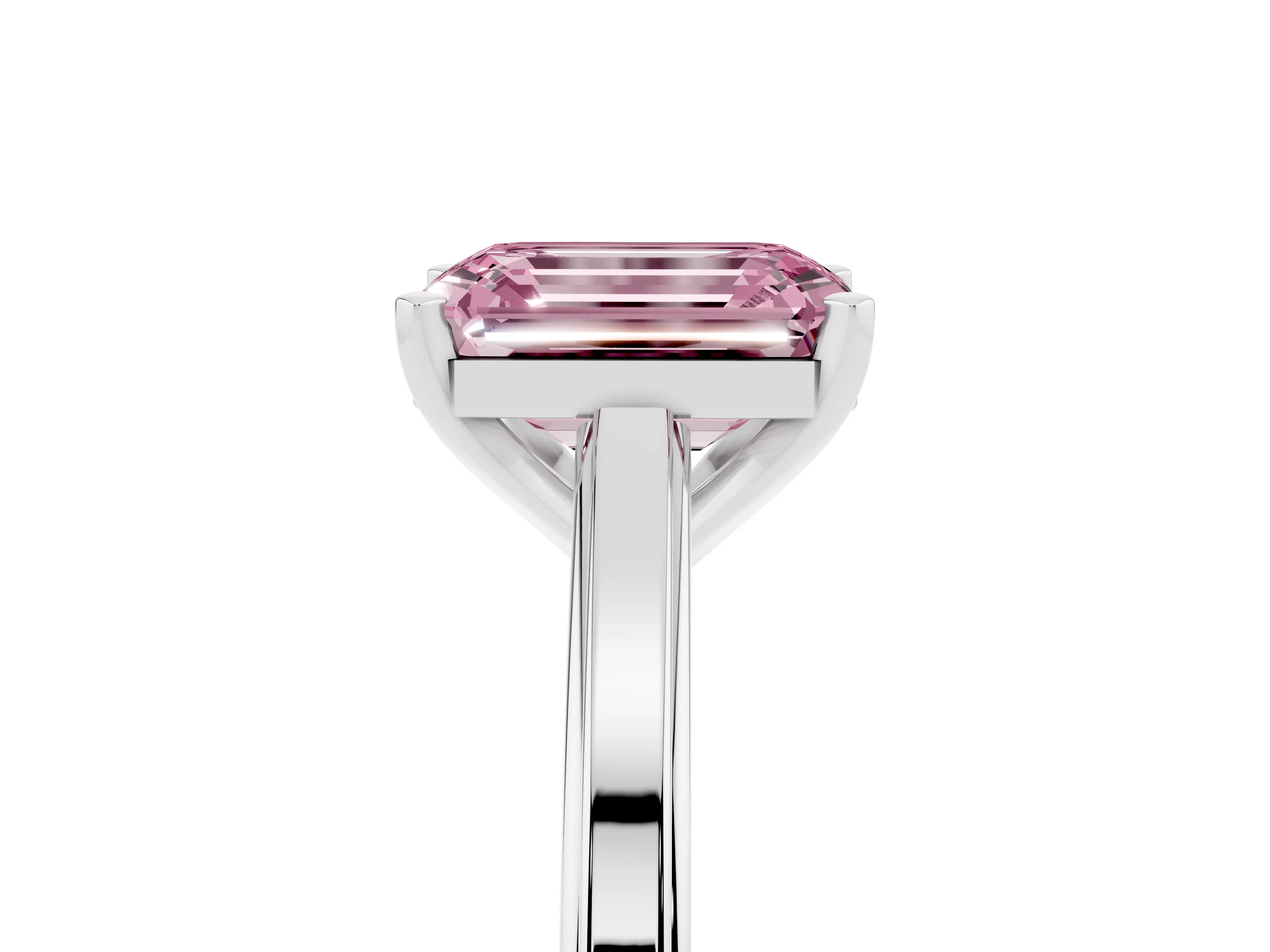 Fancy Pink Emerald Cut Diamond Solitaire Ring Set in Platinum with Prong Setting and Classic Band