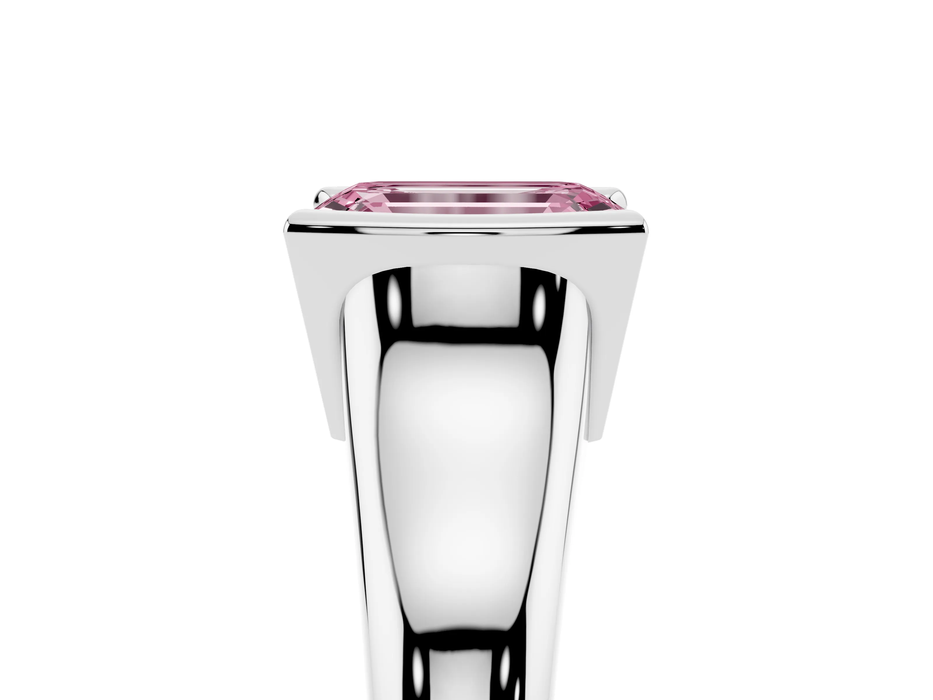 Fancy Pink Emerald Cut Diamond Solitaire Tension Set Ring Set in White gold with Split Shank Band