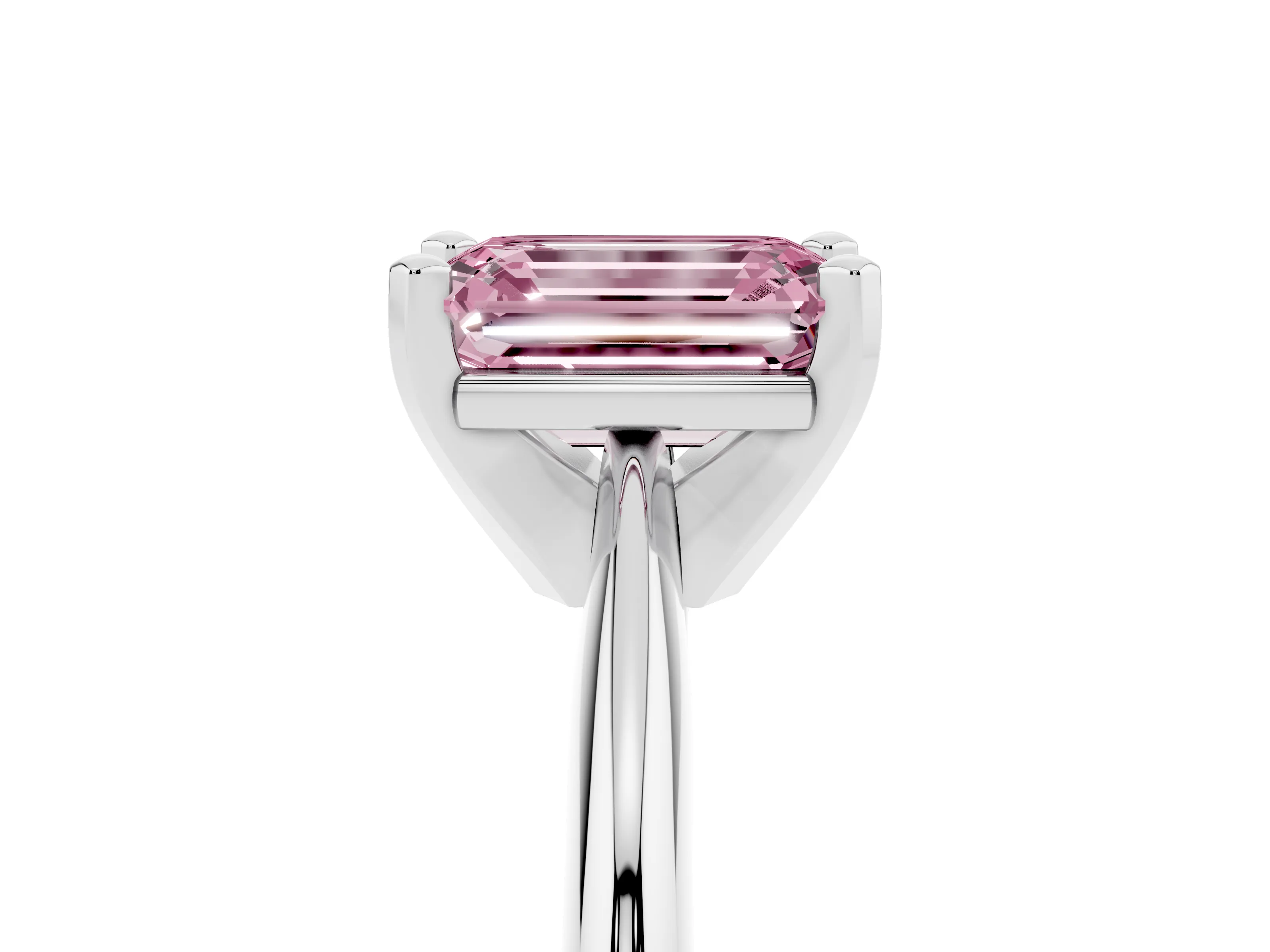 Fancy Pink Emerald Cut Diamond Solitaire Ring Set in Silver with Prong Setting on a Plain Round Band