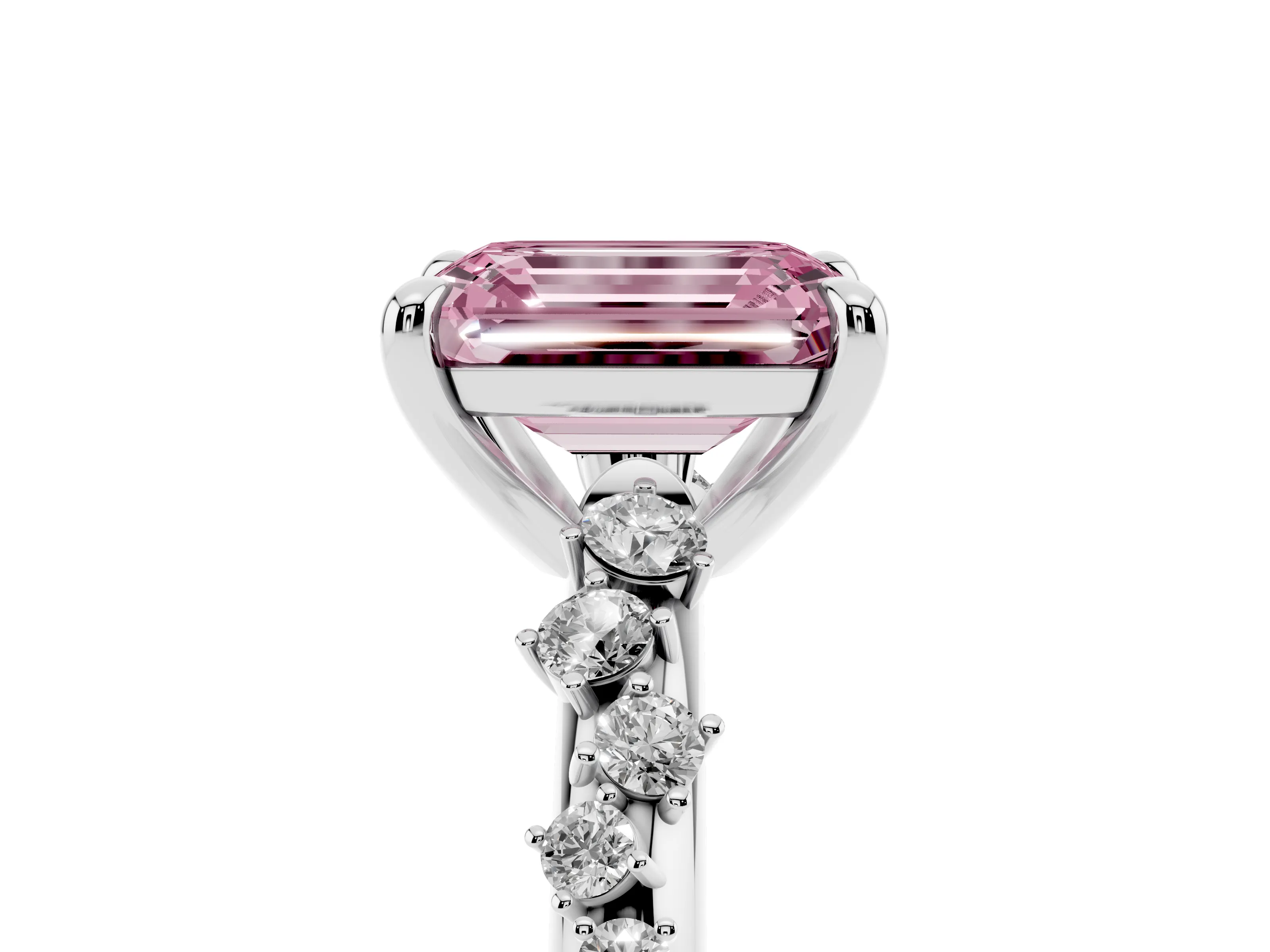 Fancy Pink Emerald Cut Diamond Solitaire Vine Band Ring Set in Silver with Round Accents and Prong Setting