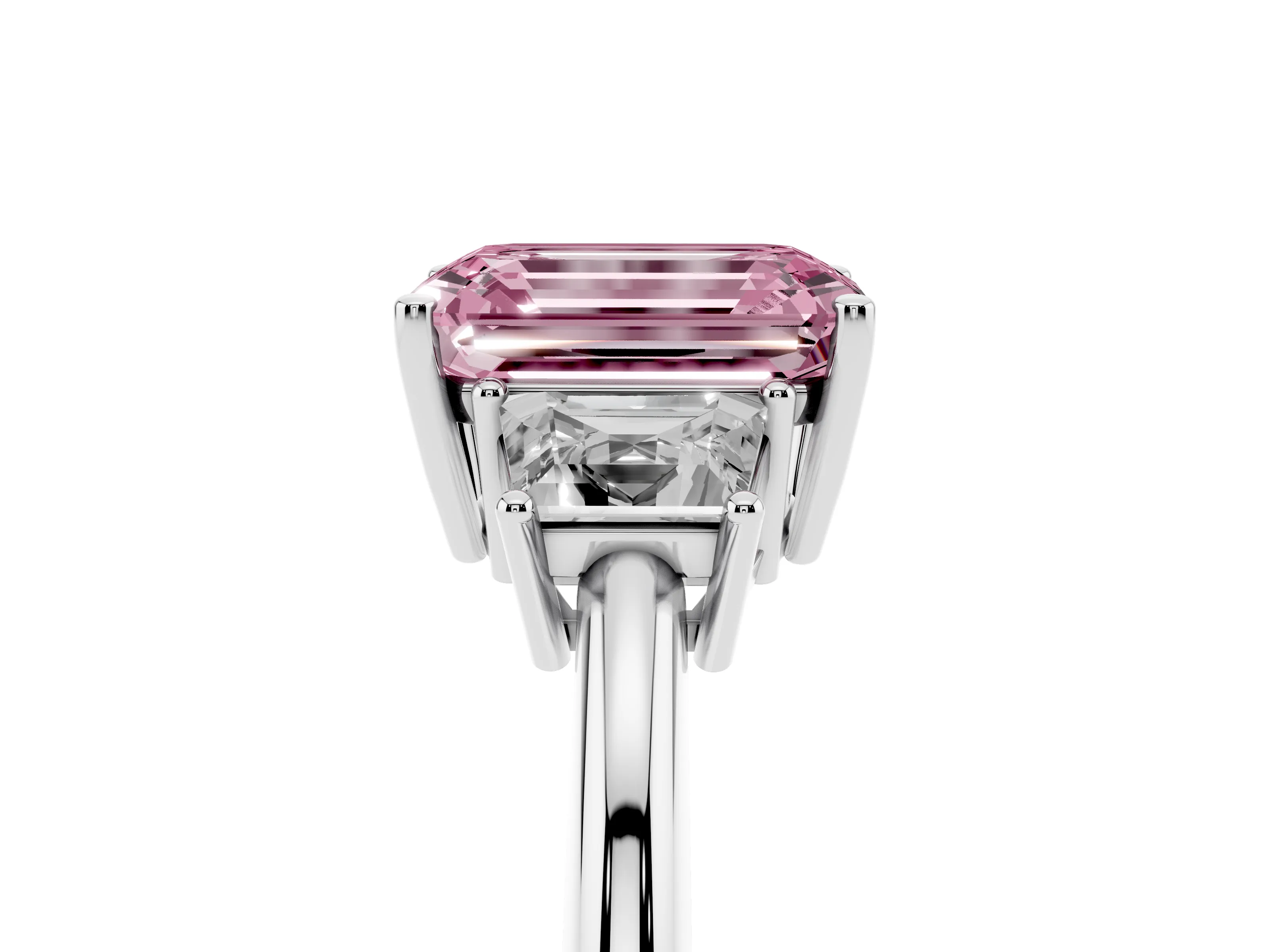 Fancy Pink Emerald Cut Diamond Three-Stone Ring Set in Platinum with Trapezoid Side Stones and Prong Setting