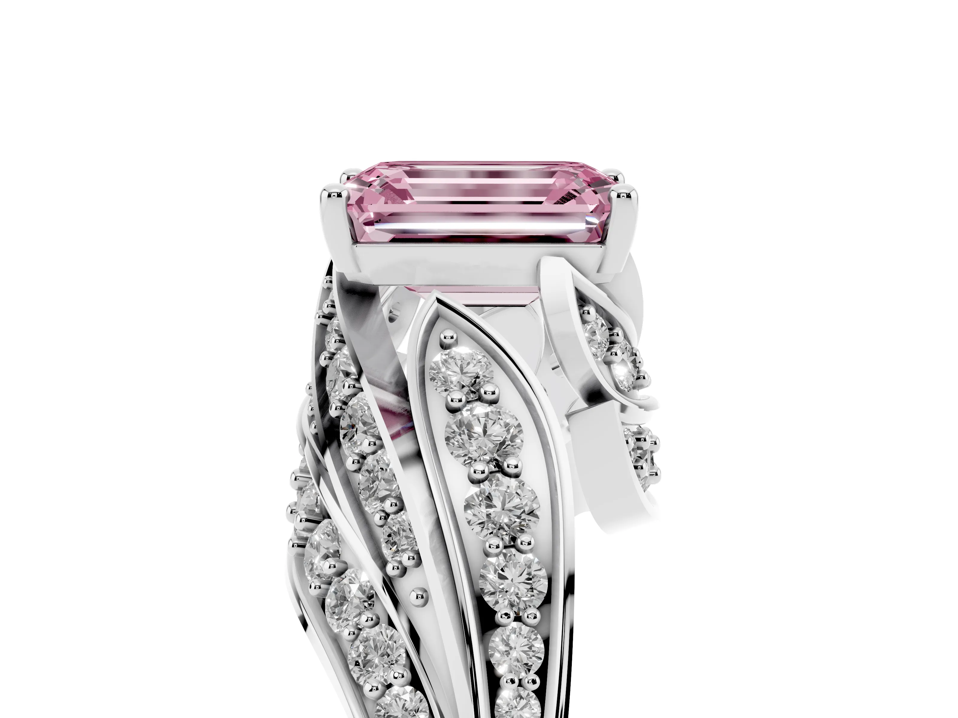 Fancy Pink Emerald Cut Diamond Solitaire Ring Set in White gold with Layered Twist Pavé Band
