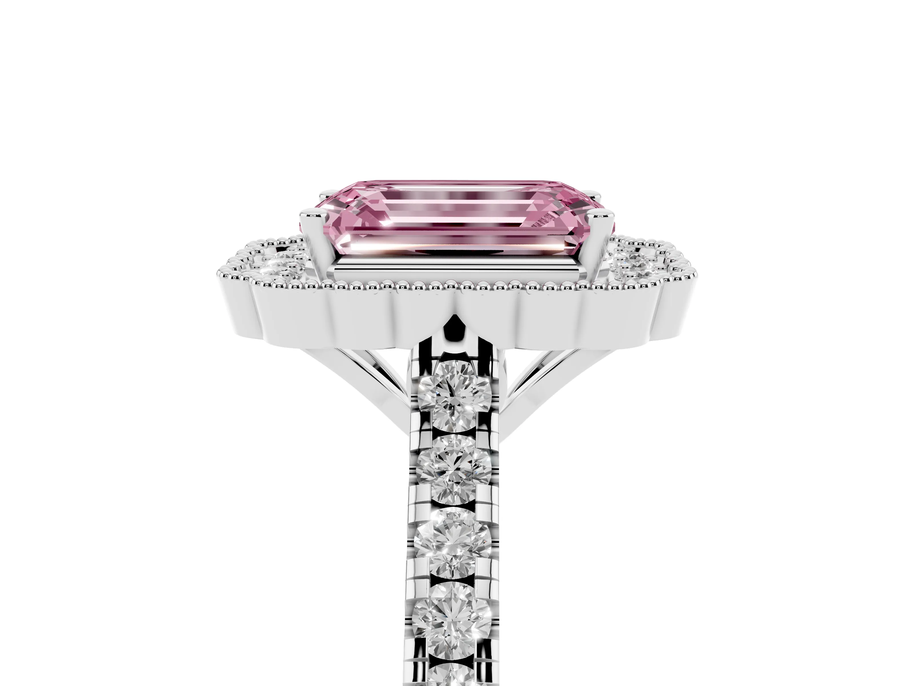 Fancy Pink Emerald Cut Diamond Milgrain Floral Halo Engagement Ring Set in Silver with Pavé Band