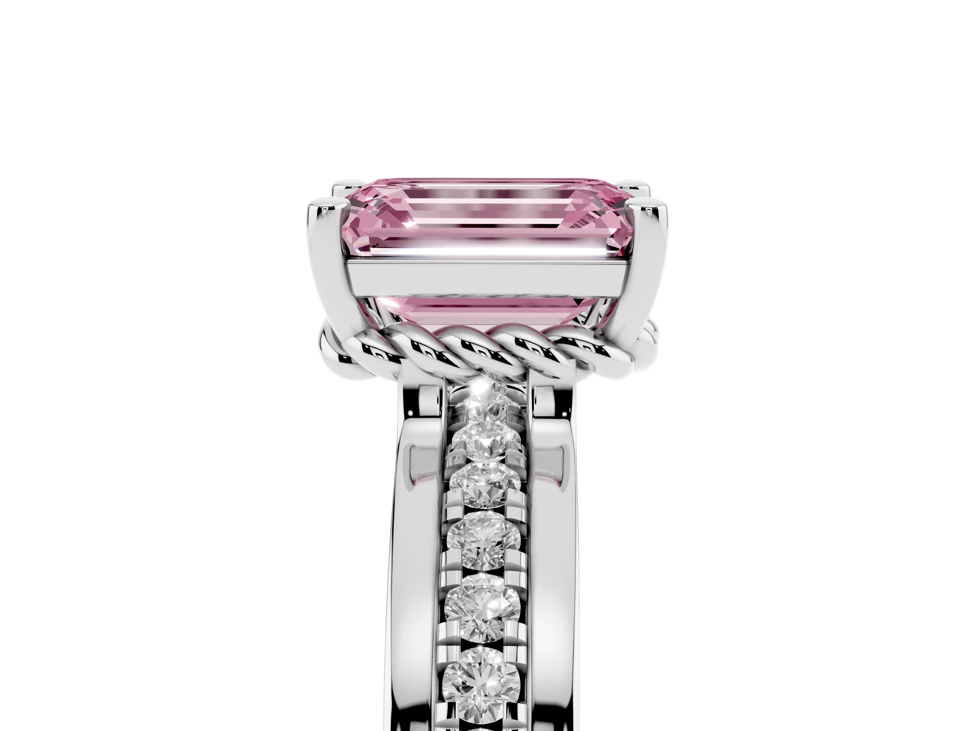Fancy Pink Emerald Cut Diamond Solitaire Ring Set in Silver with Channel Set Band and Prong Setting
