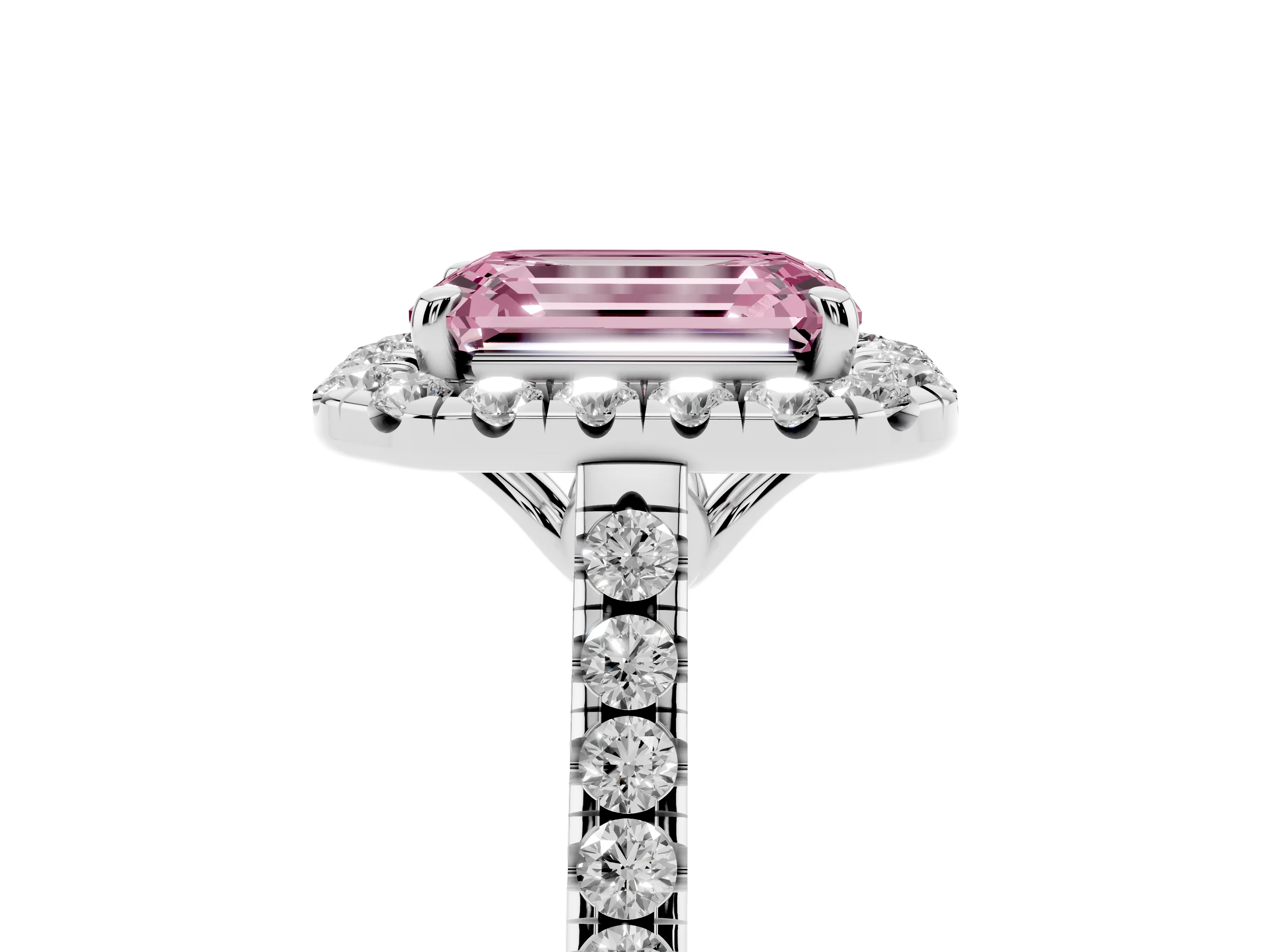 Fancy Pink Emerald Cut Diamond Pavé Halo Engagement Ring Set in White gold with Pavé Band and Prong Setting