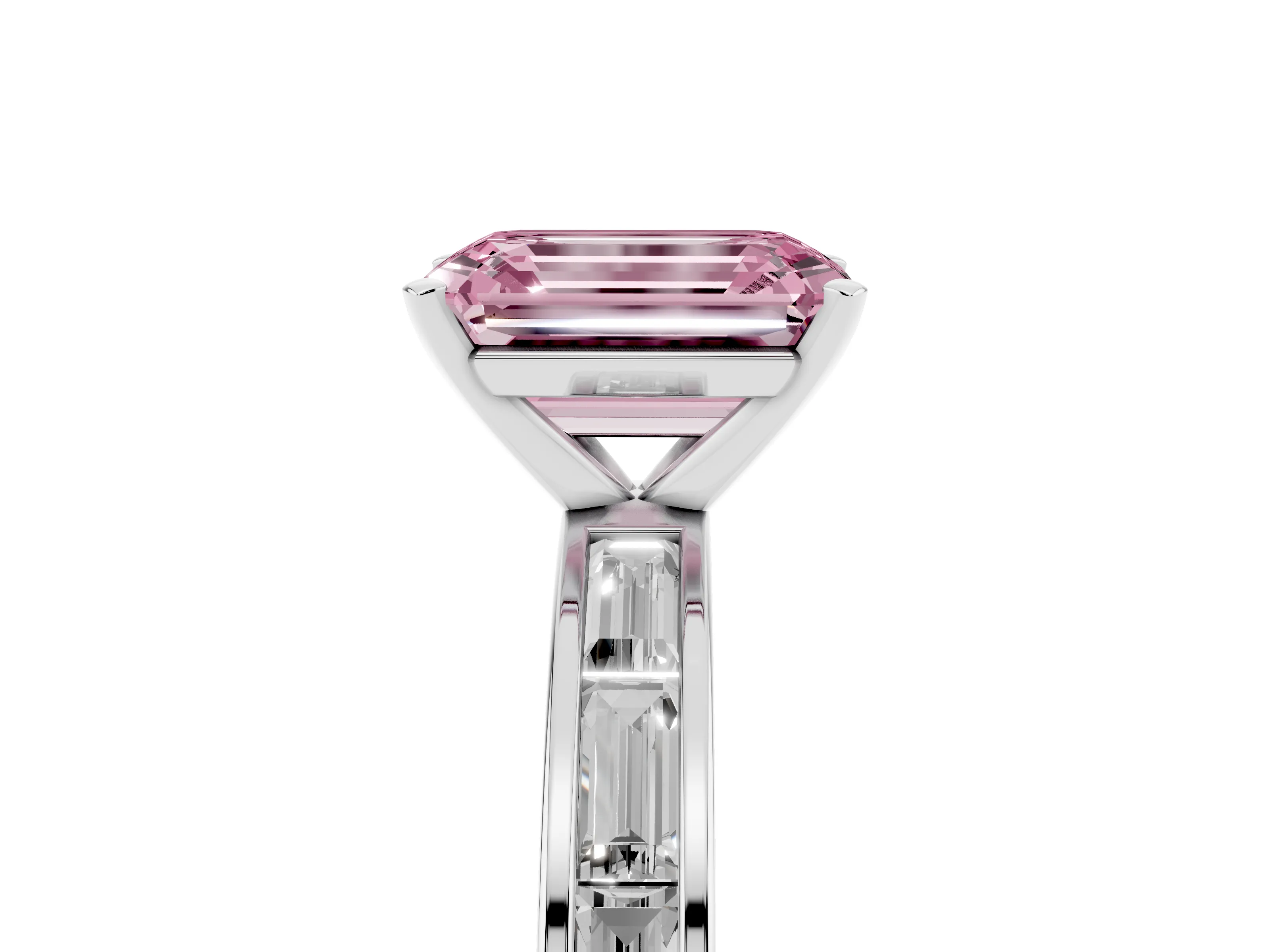 Fancy Pink Emerald Cut Diamond Solitaire Ring Set in White gold with Channel-Set Baguette Band and Prong Setting