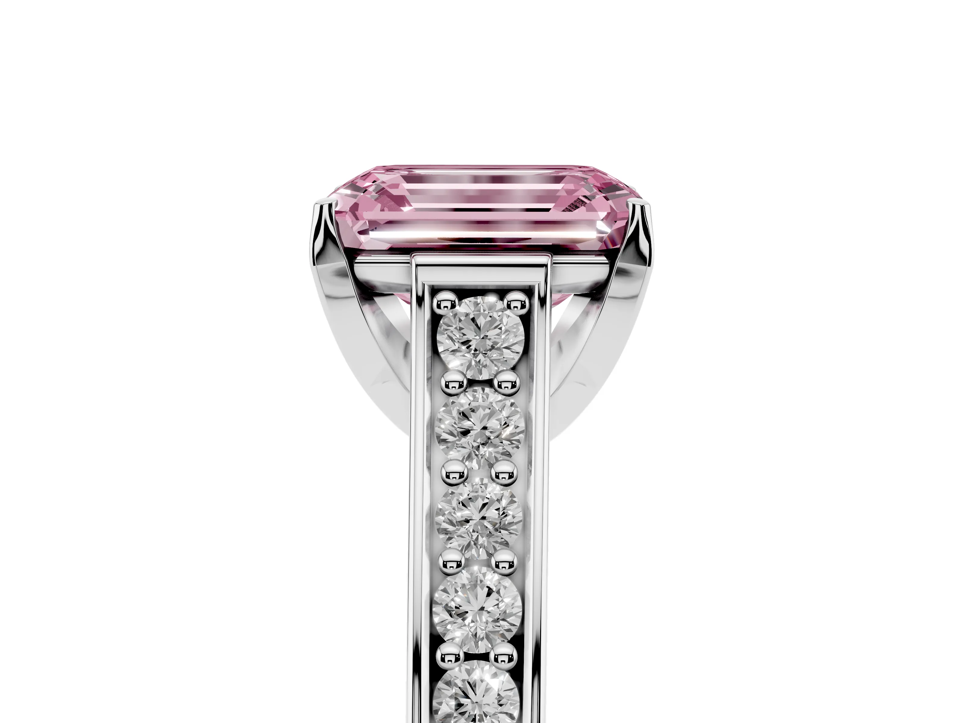 Fancy Pink Emerald Cut Diamond Solitaire Pavé Engagement Ring Set in White gold with Prong Setting