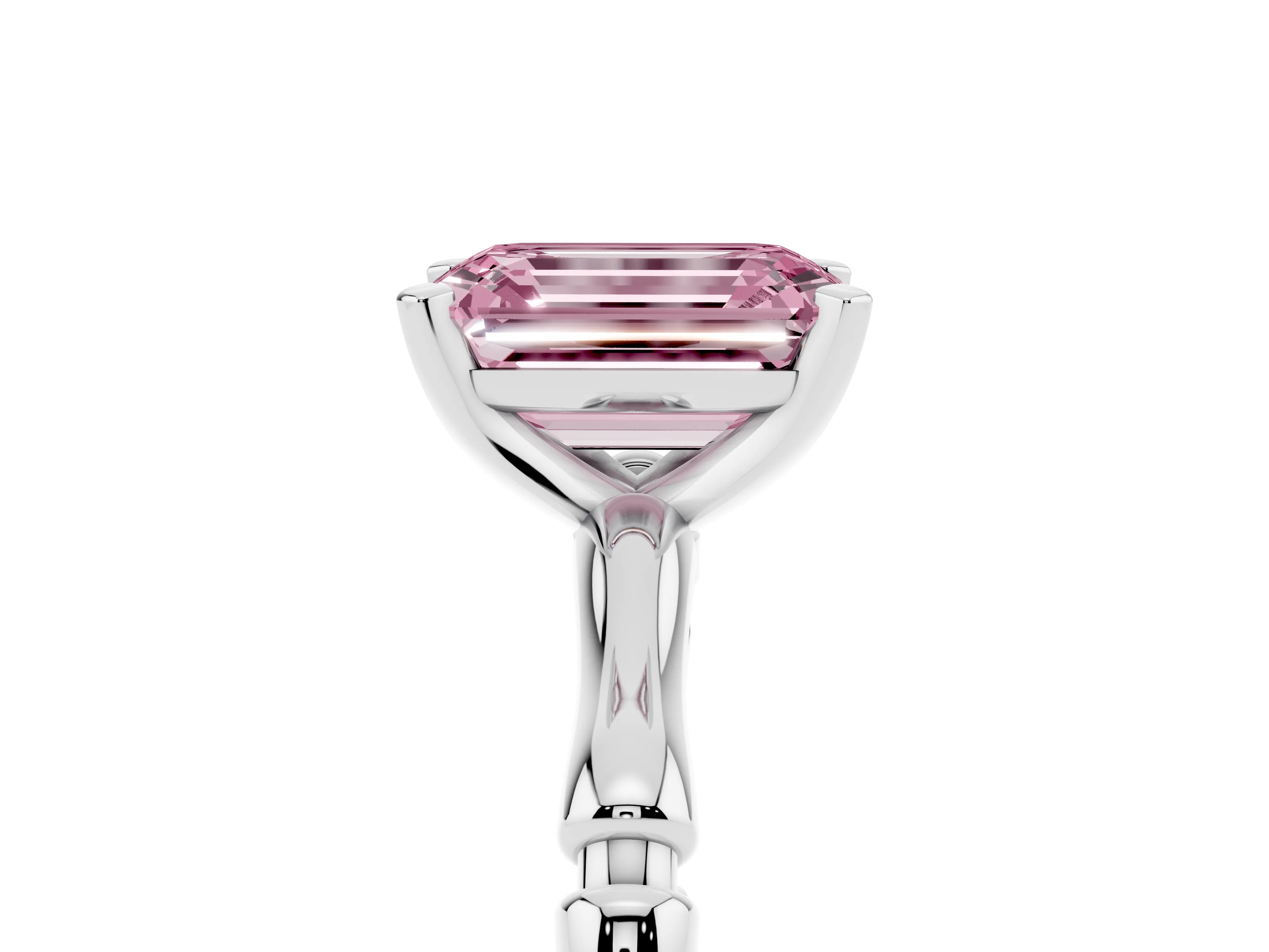 Fancy Pink Emerald Cut Diamond Solitaire Ring Set in Silver with Bamboo Band and Prong Setting