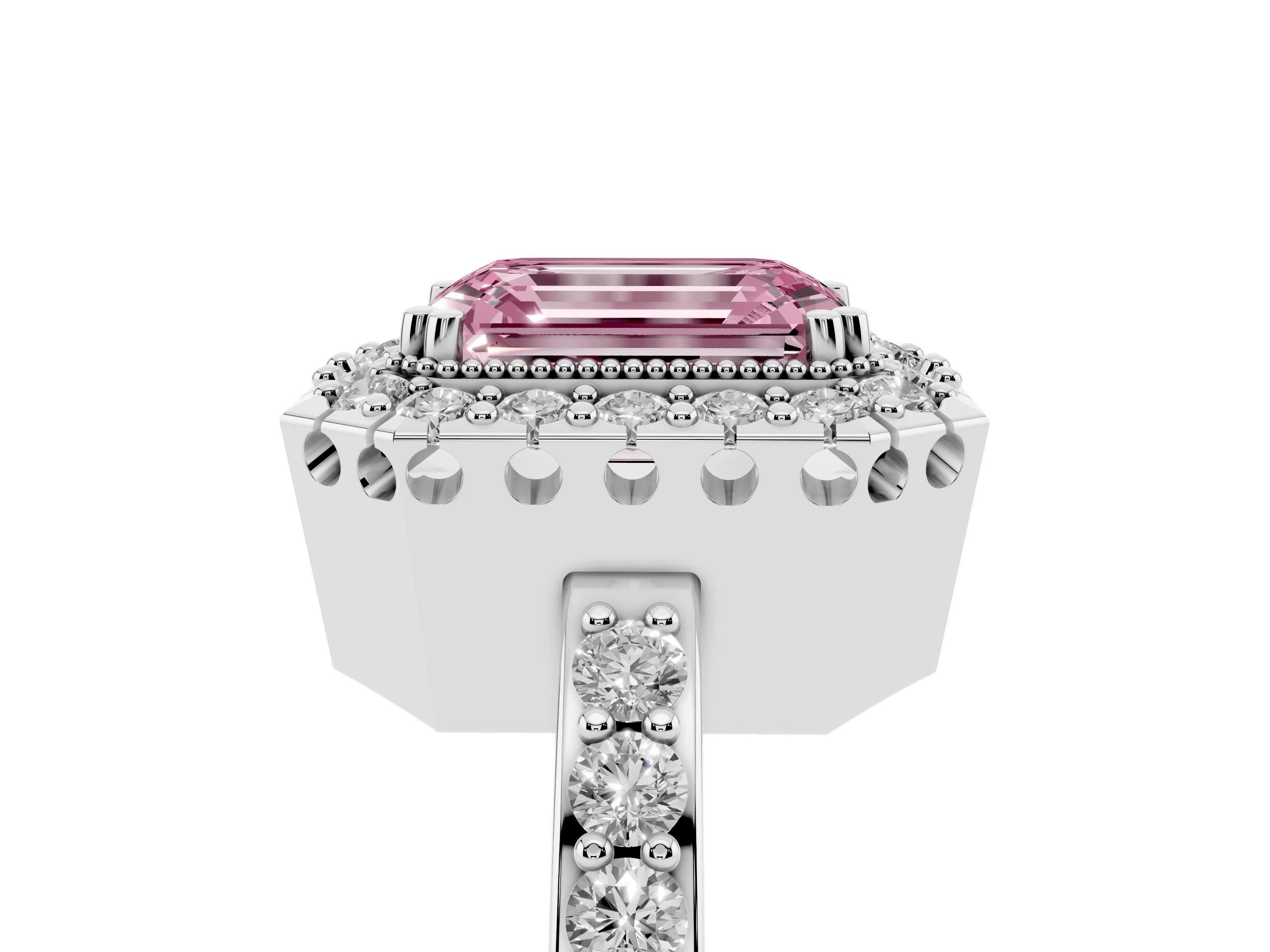 Fancy Pink Emerald Cut Diamond Halo Ring Set in Platinum with Pavé Shank and Prong Setting