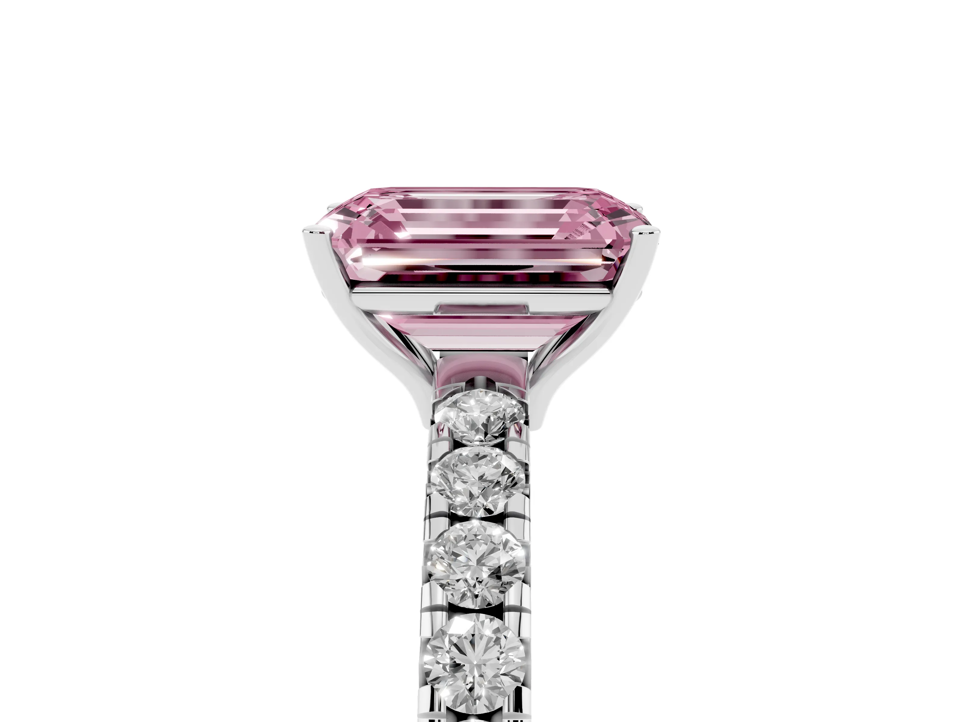 Fancy Pink Emerald Cut Diamond Pavé Solitaire Engagement Ring Set in Platinum with Prong Setting