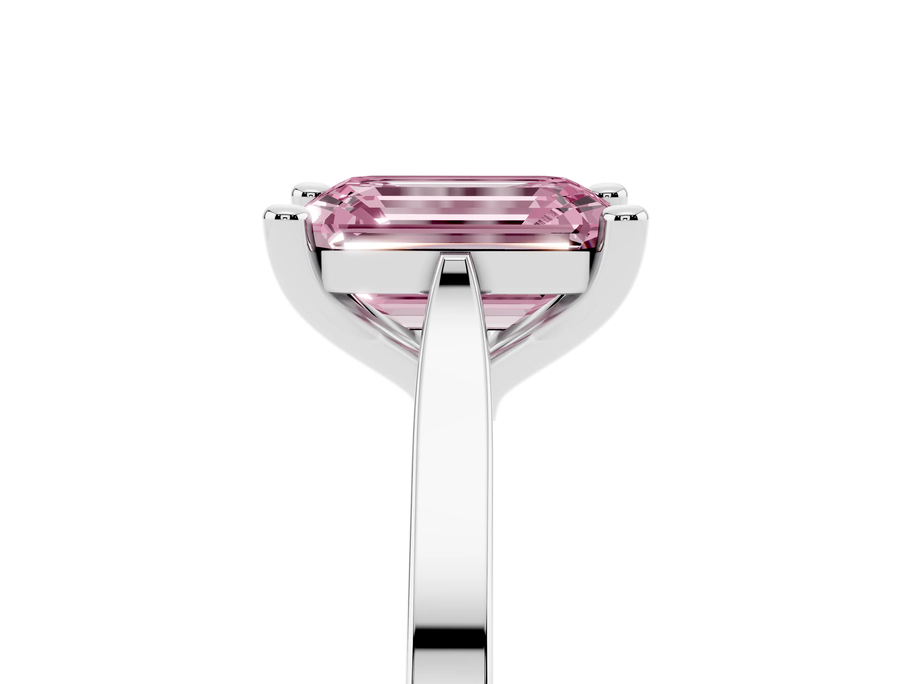 Fancy Pink Emerald Cut Diamond Solitaire Ring Set in Silver with Prong Setting and Tapered Band