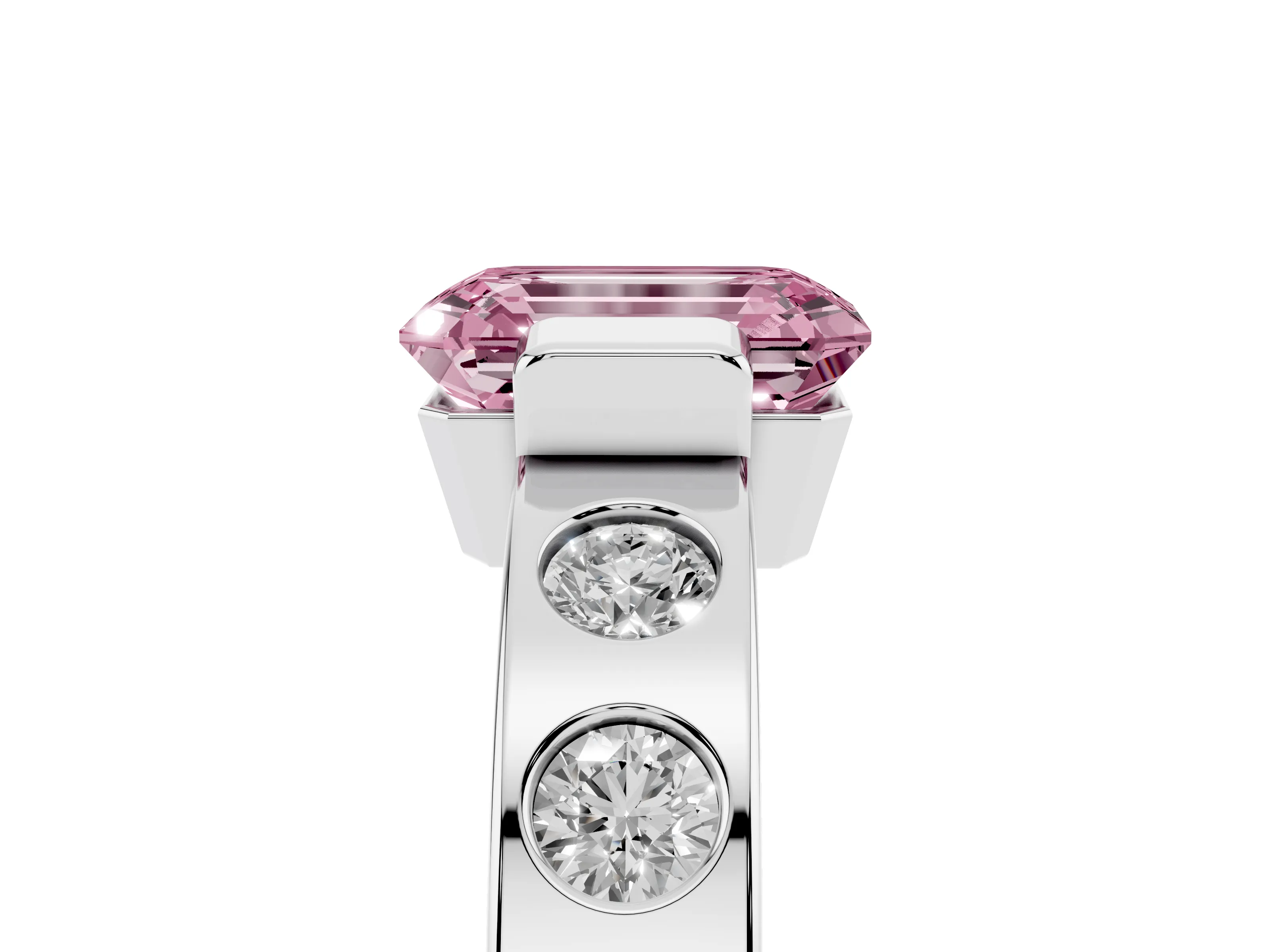 Fancy Pink Emerald Cut Diamond Channel-Set Band Ring Set in Platinum with Bezel Prong Setting