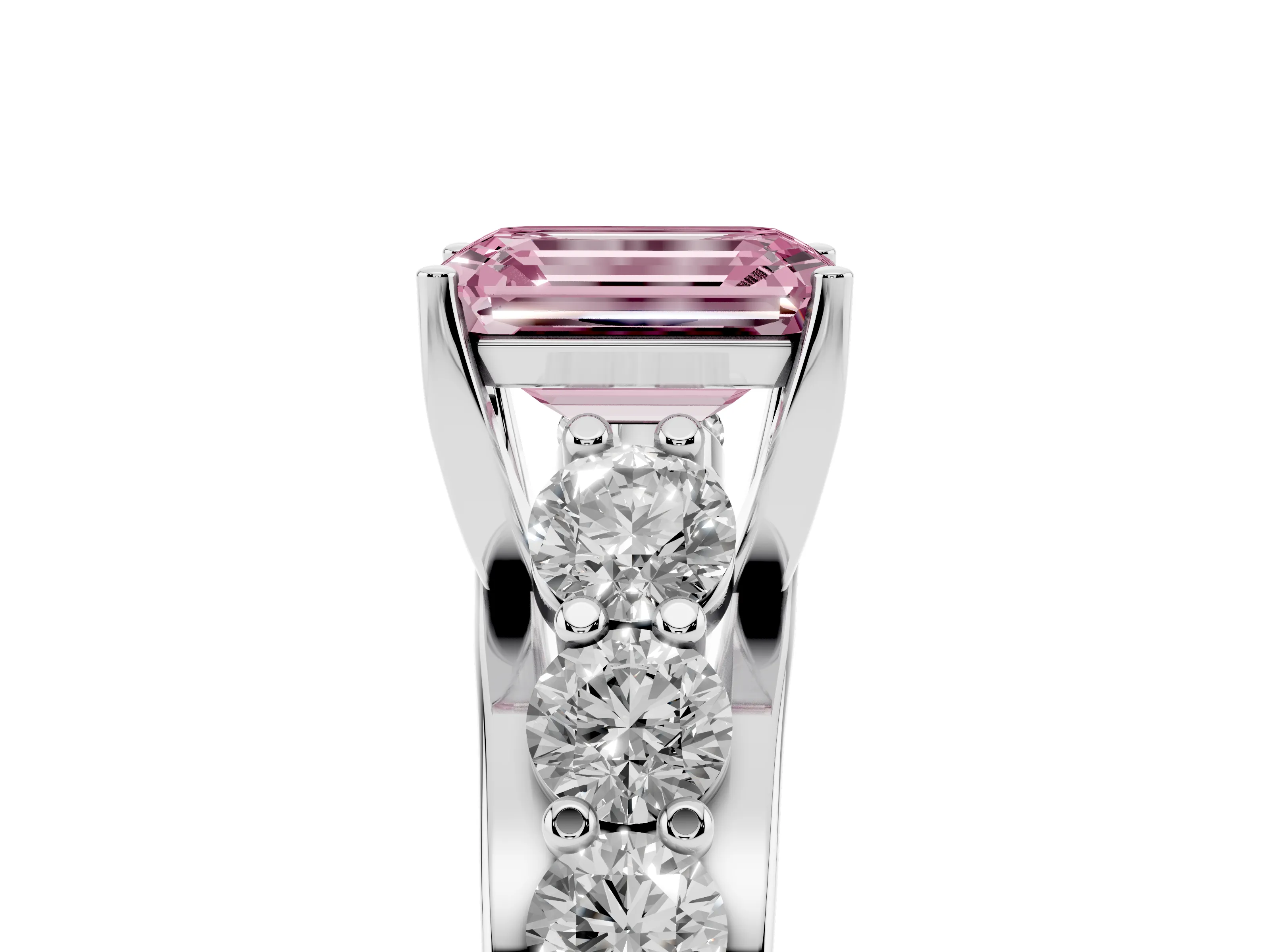 Fancy Pink Emerald Cut Diamond Pavé Engagement Ring Set in Silver with Prong Setting