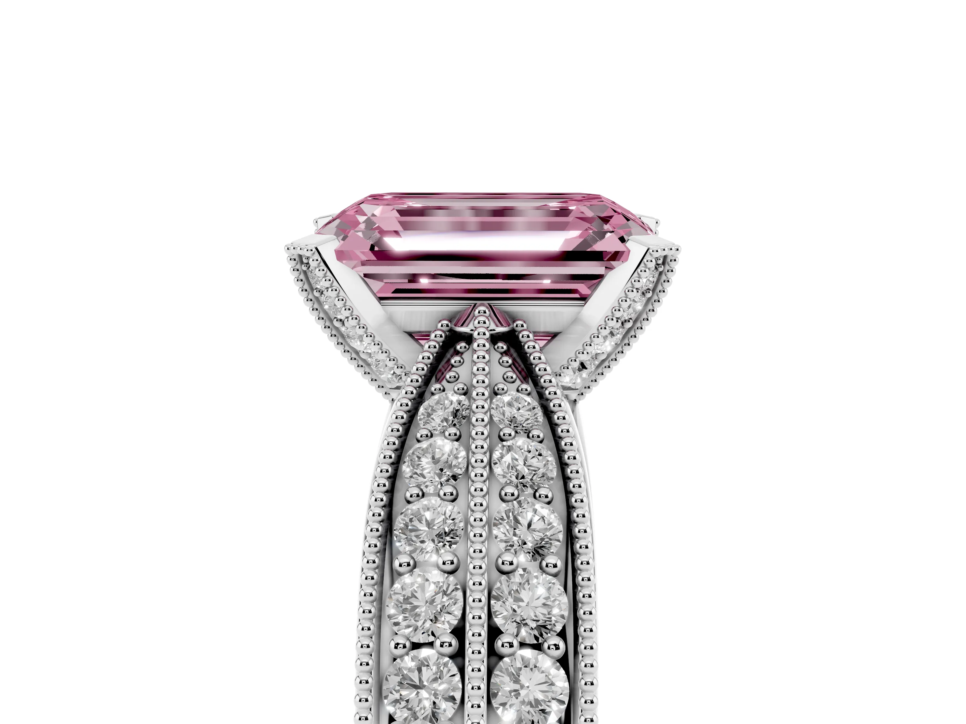 Fancy Pink Emerald Cut Diamond Solitaire Ring Set in Silver with Milgrain Double Row Round Pavé Band