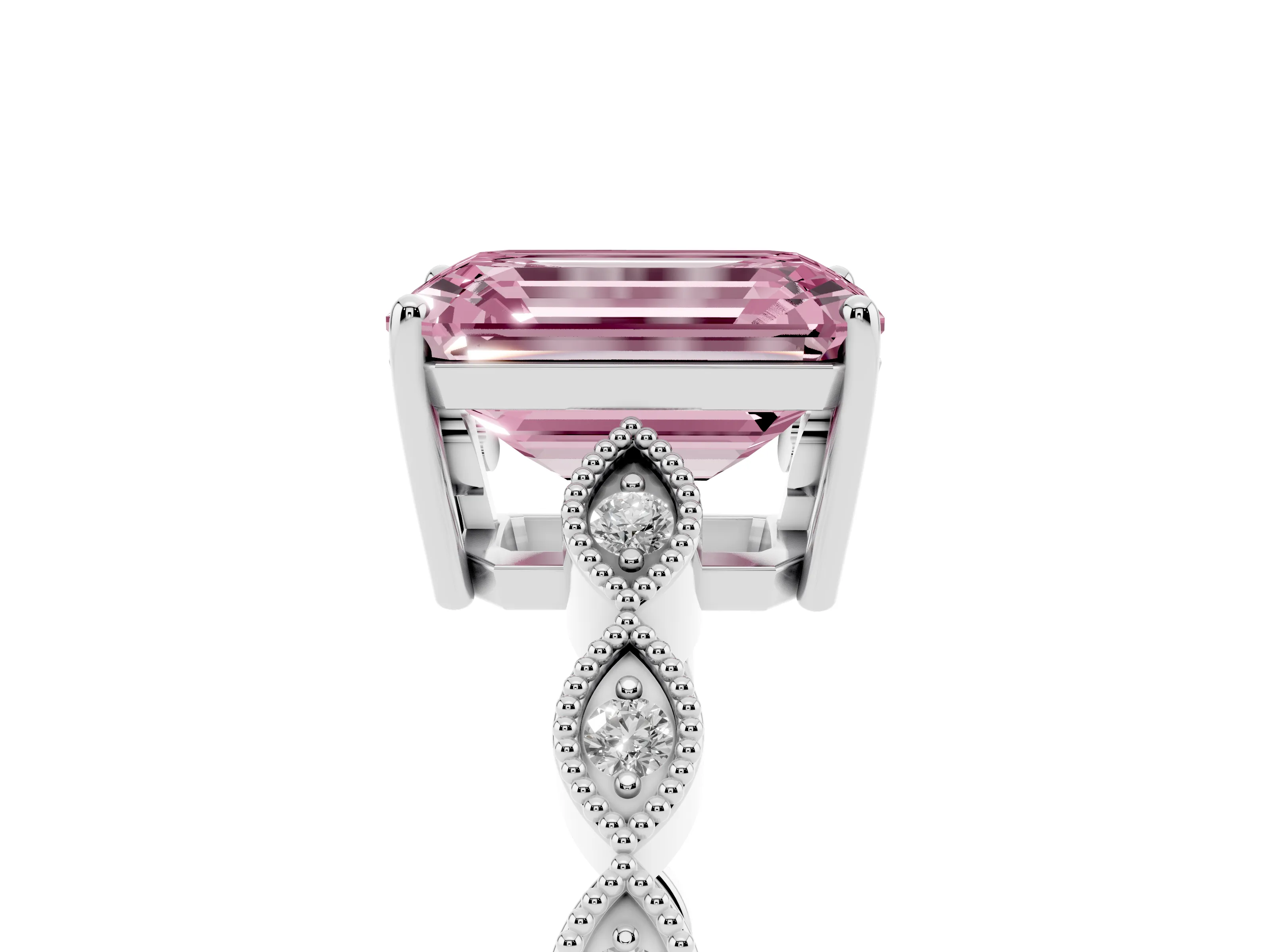 Fancy Pink Emerald Cut Diamond Solitaire Ring Set in Silver with Infinity Twist Pavé Band