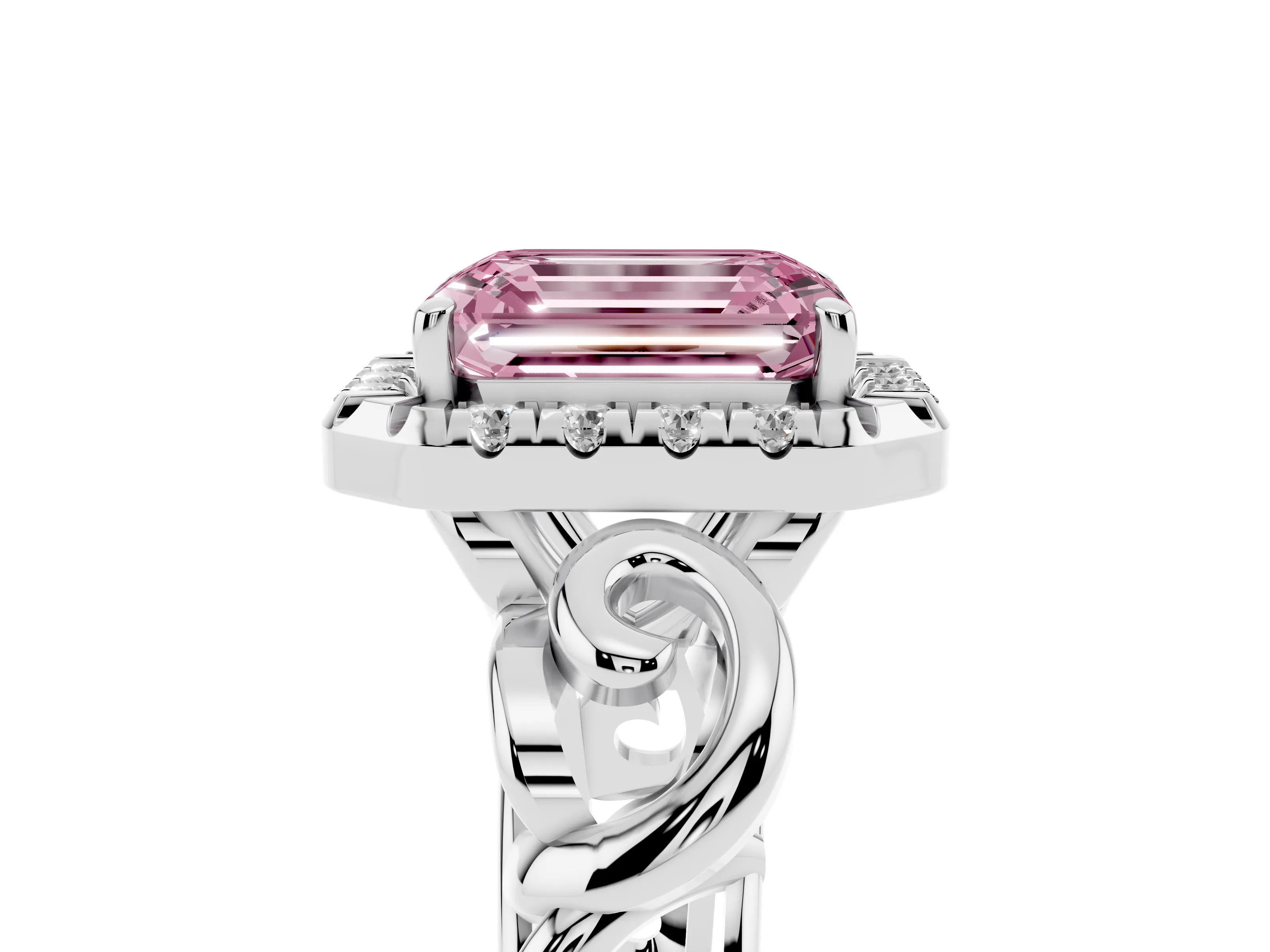 Fancy Pink Emerald Cut Diamond Halo Ring Set in Platinum with Scrollwork Band and Prong Setting