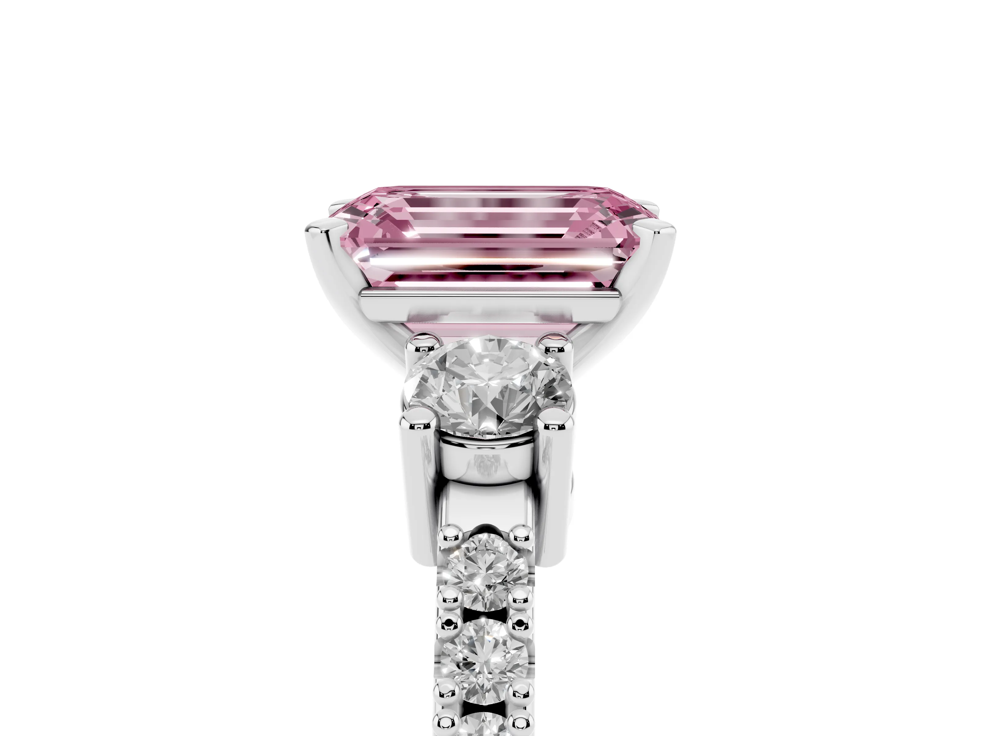 Fancy Pink Three-Stone Emerald Cut Diamond Pavé Band Ring Set in Platinum with Prong Setting