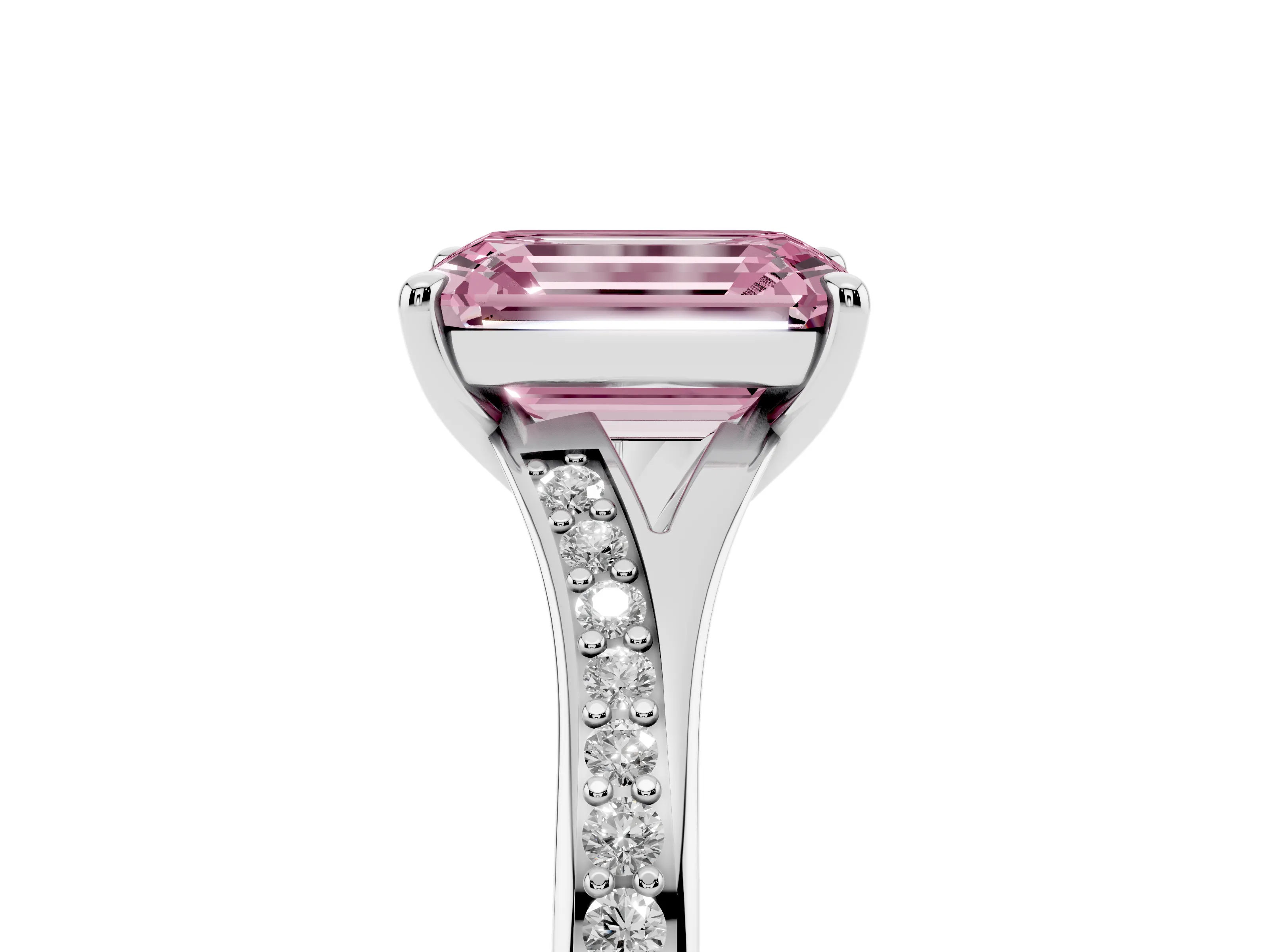 Fancy Pink Emerald Cut Diamond Solitaire Ring Set in Platinum with Pavé Accent Band and Classic Prong Setting