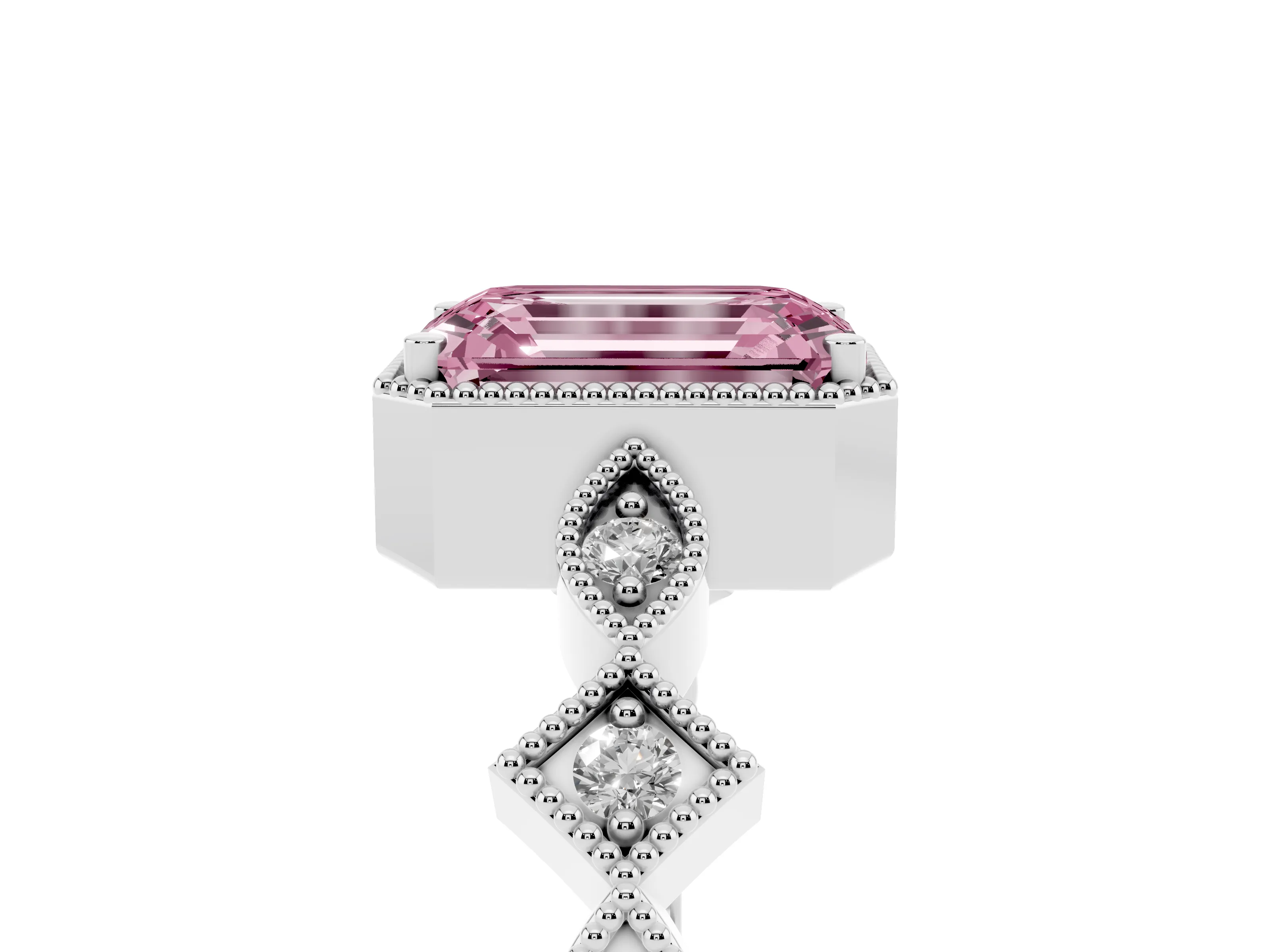 Fancy Pink Emerald Cut Diamond Milgrain Marquise Twist Band Ring Set in Silver with Prong Setting