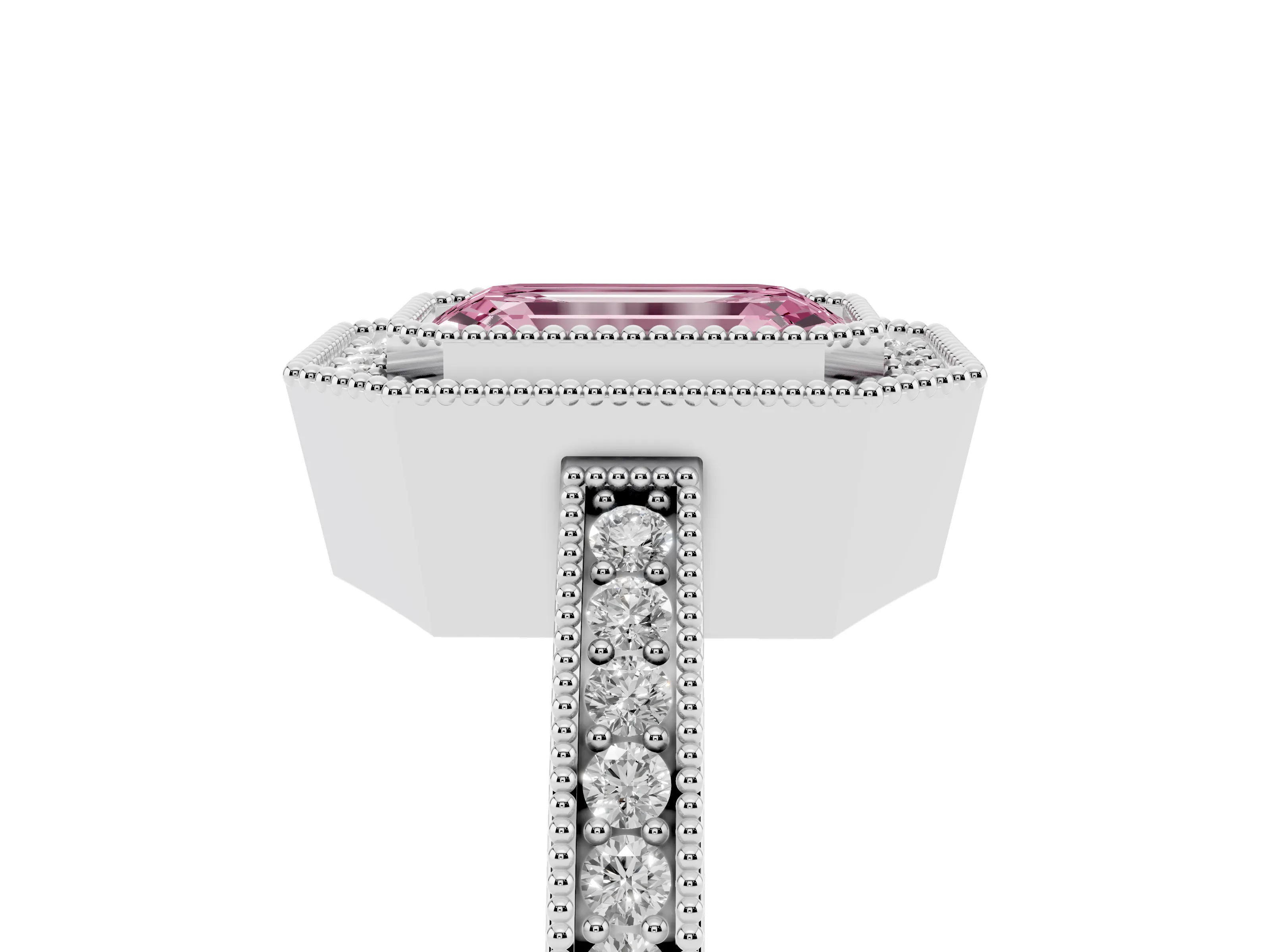 Fancy Pink Emerald Cut Diamond Round Halo Ring Set in Silver with Pavé Band