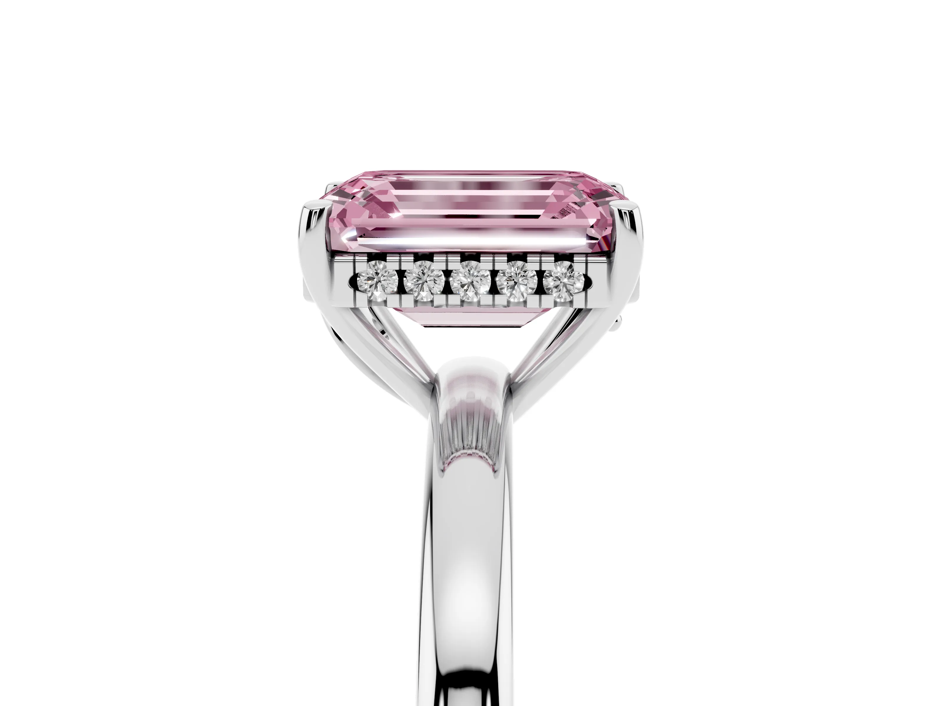 Fancy Pink Emerald Cut Diamond Solitaire Ring Set in Silver with Plain Band and Prong Setting