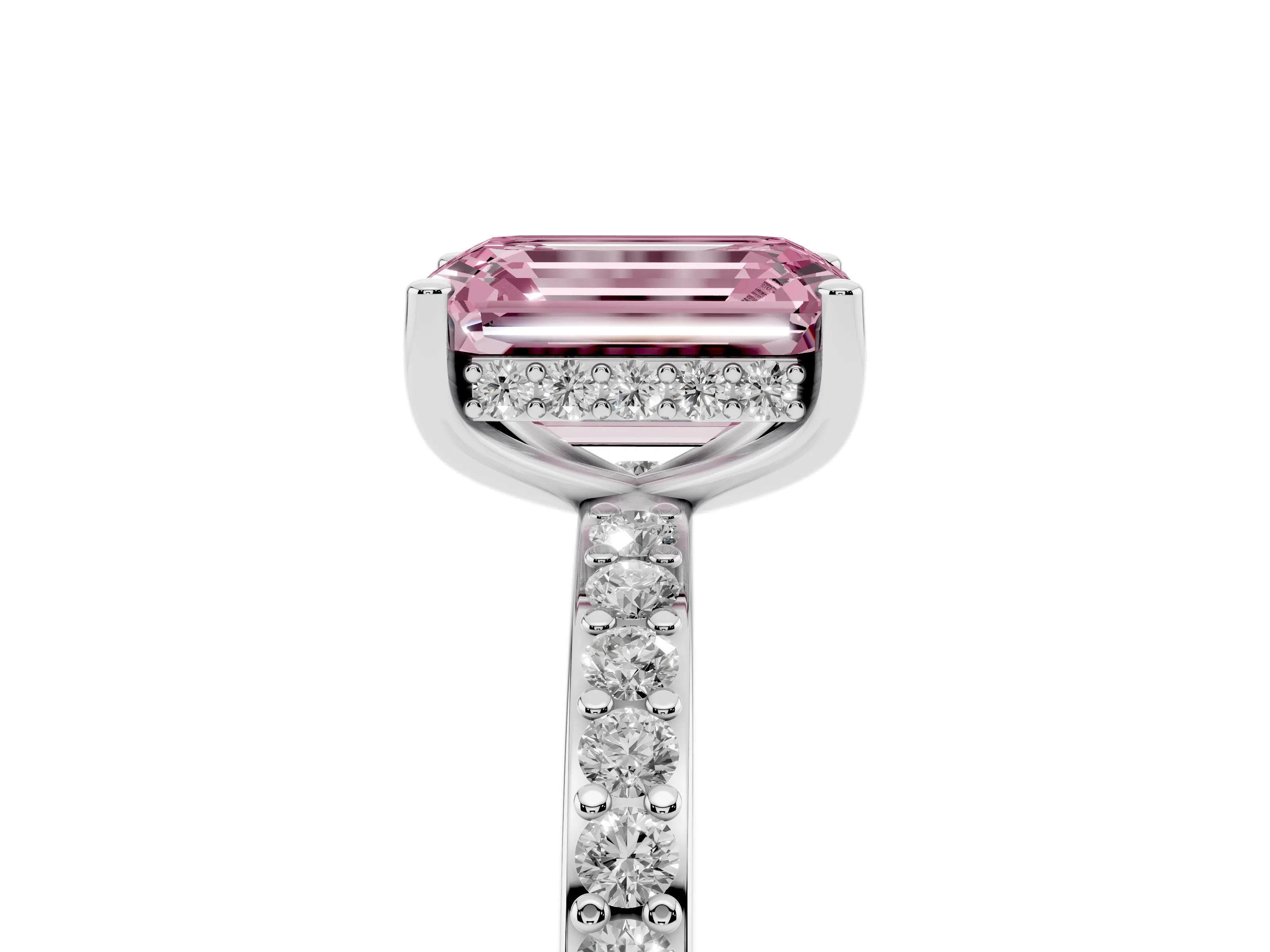 Fancy Pink Emerald Cut Diamond Pavé Band Ring Set in Platinum with Prong-Set Center Stone