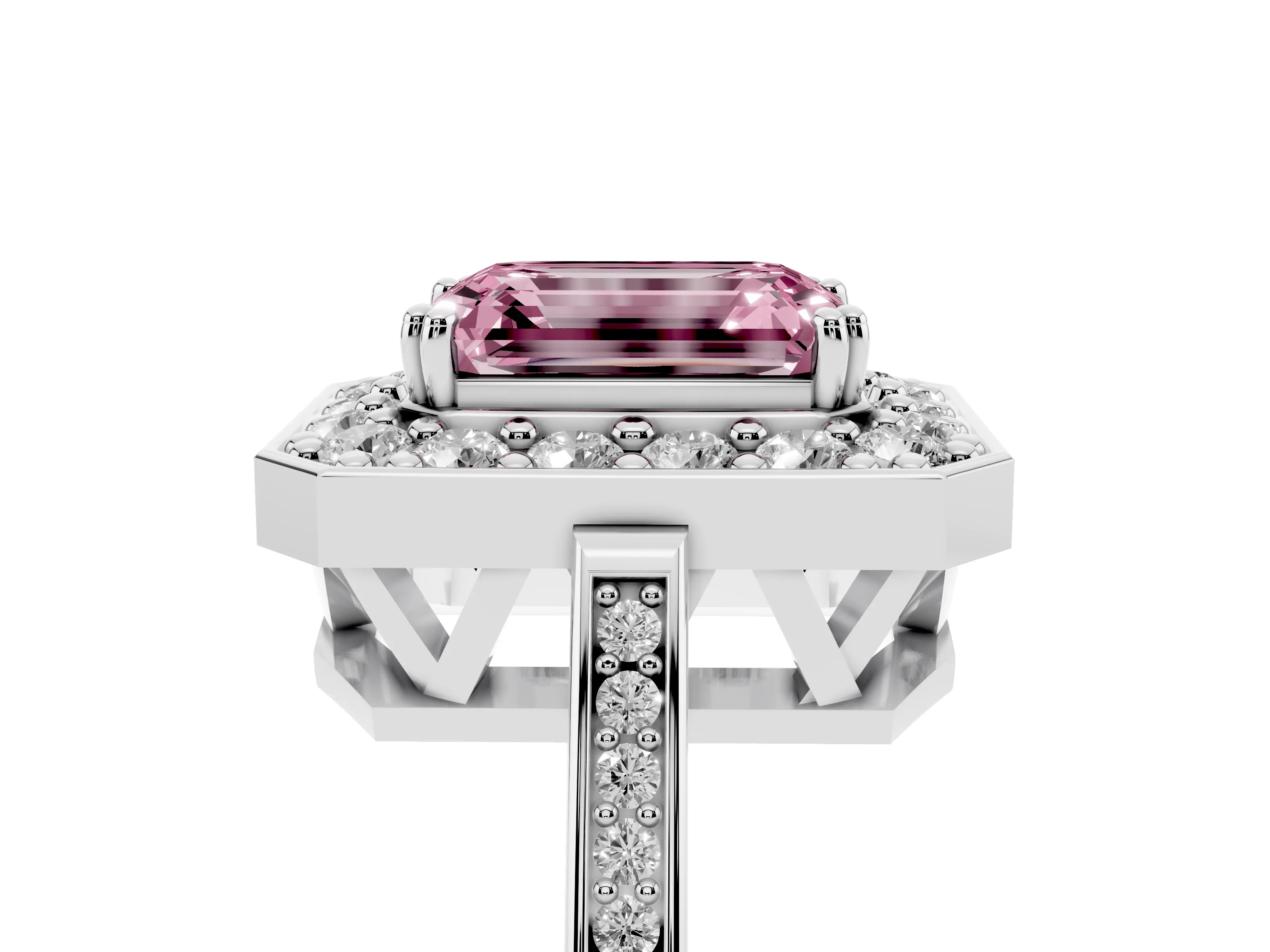 Fancy Pink Emerald Cut Diamond Halo Ring Set in White gold with Accent-Lined Split Shank and Prong Setting