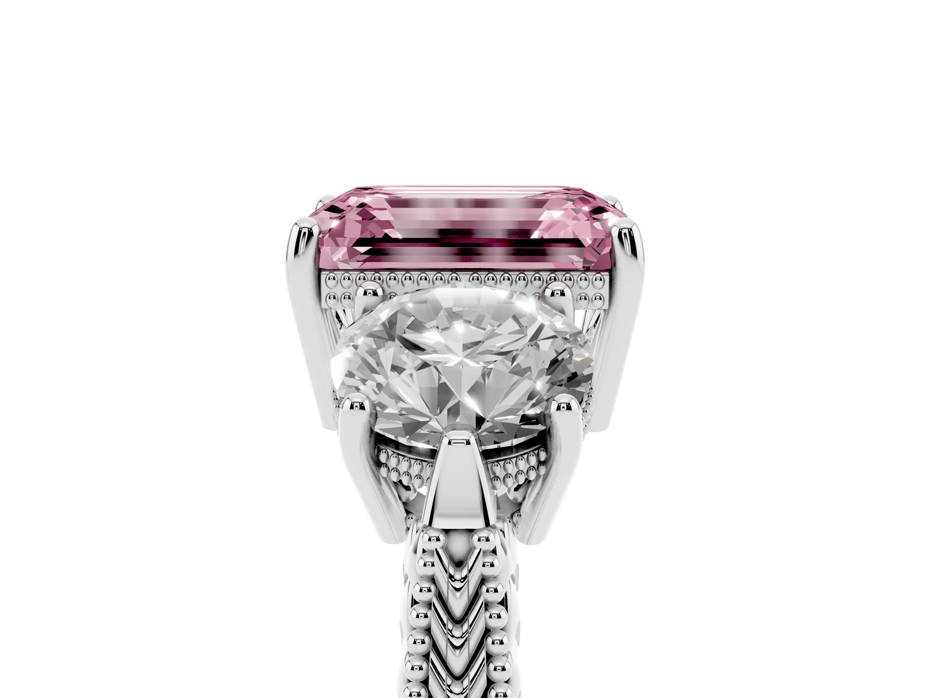 Fancy Pink Emerald Cut Diamond Three-Stone Ring Set in Silver with Milgrain Band