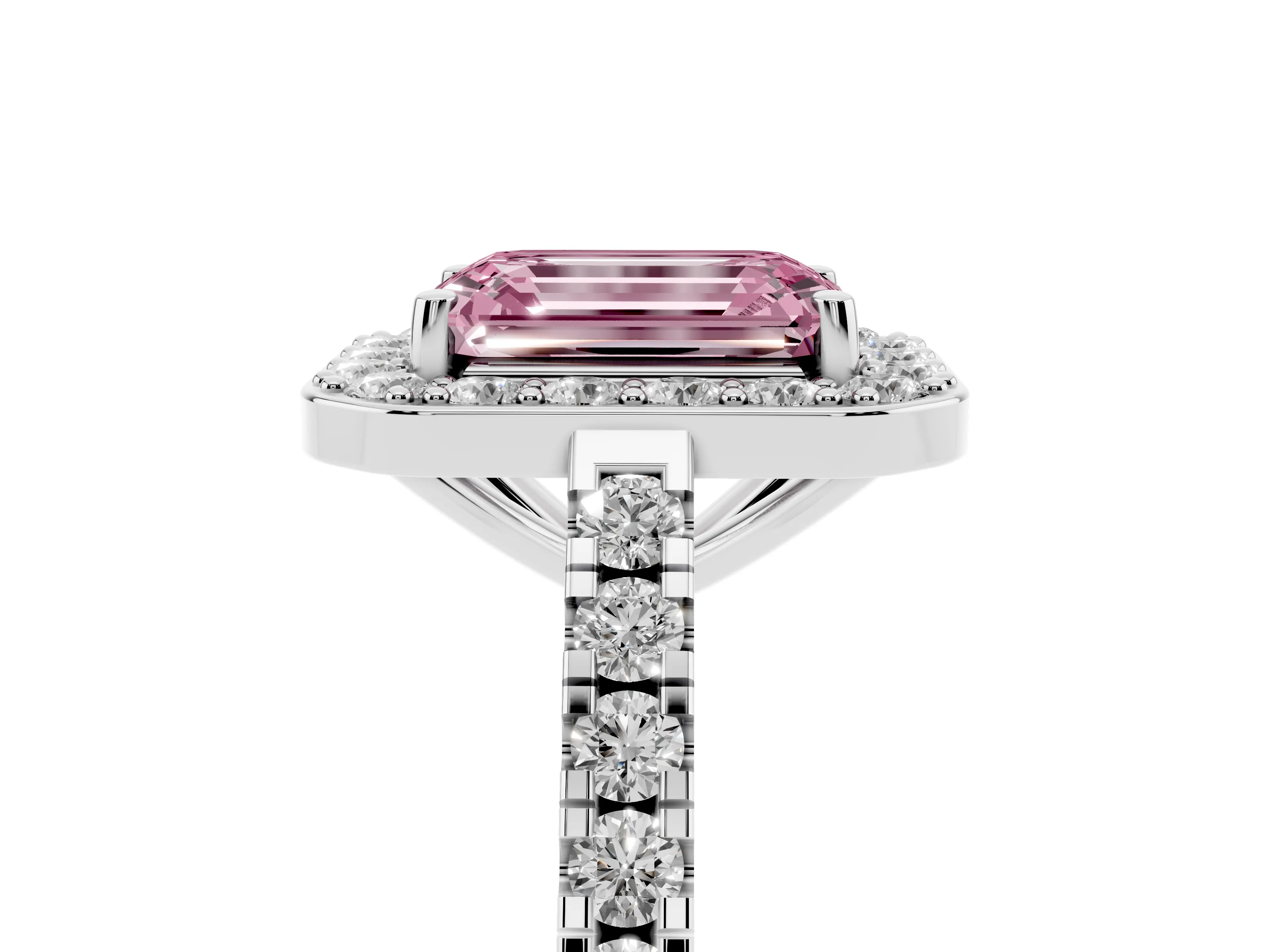 Fancy Pink Emerald Cut Diamond Halo Ring Set in Silver with Round Pavé Split Shank and Prong Setting