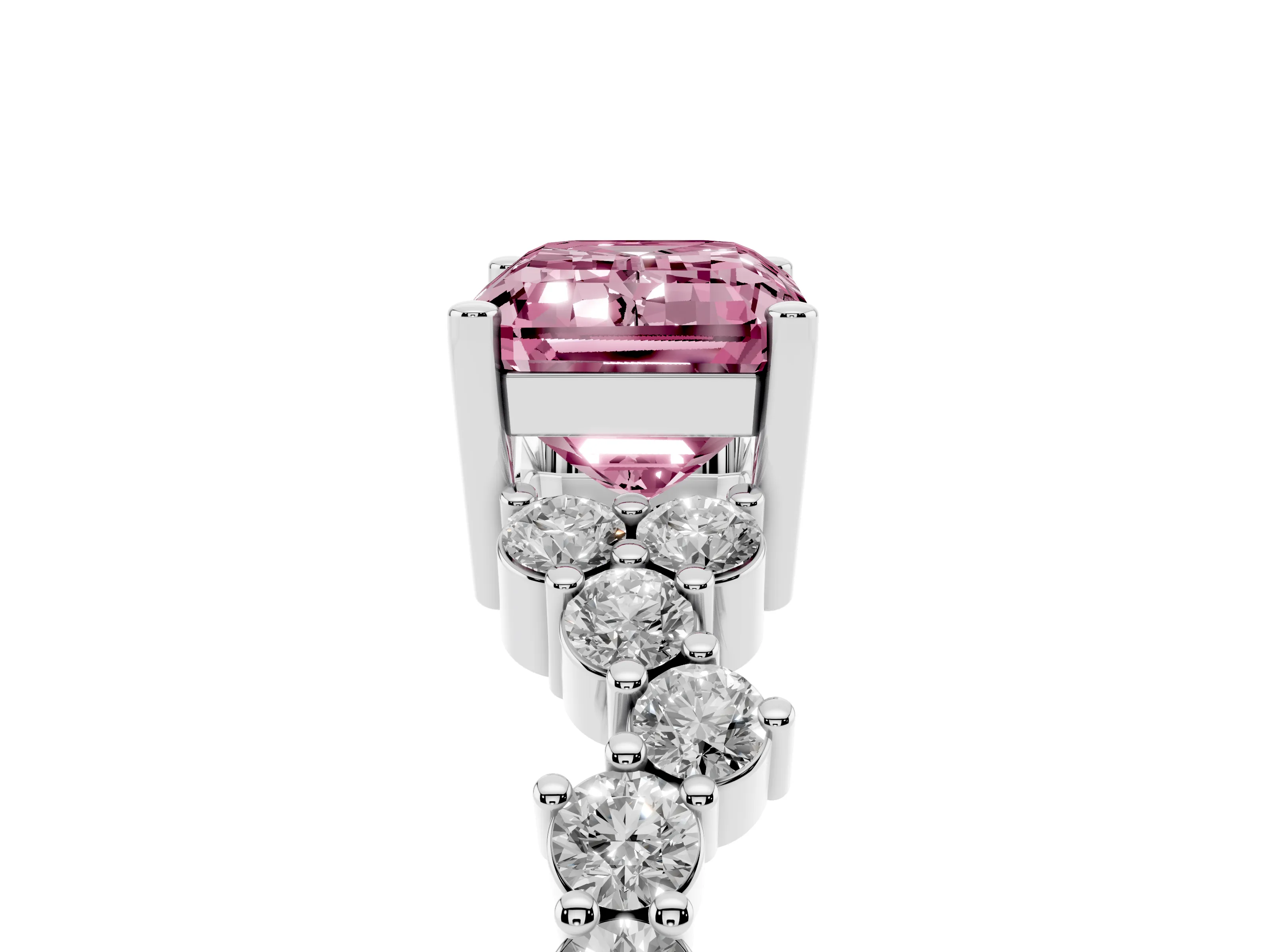 Fancy Pink Emerald Cut Diamond Ring Set in Silver with Scattered Round Accents