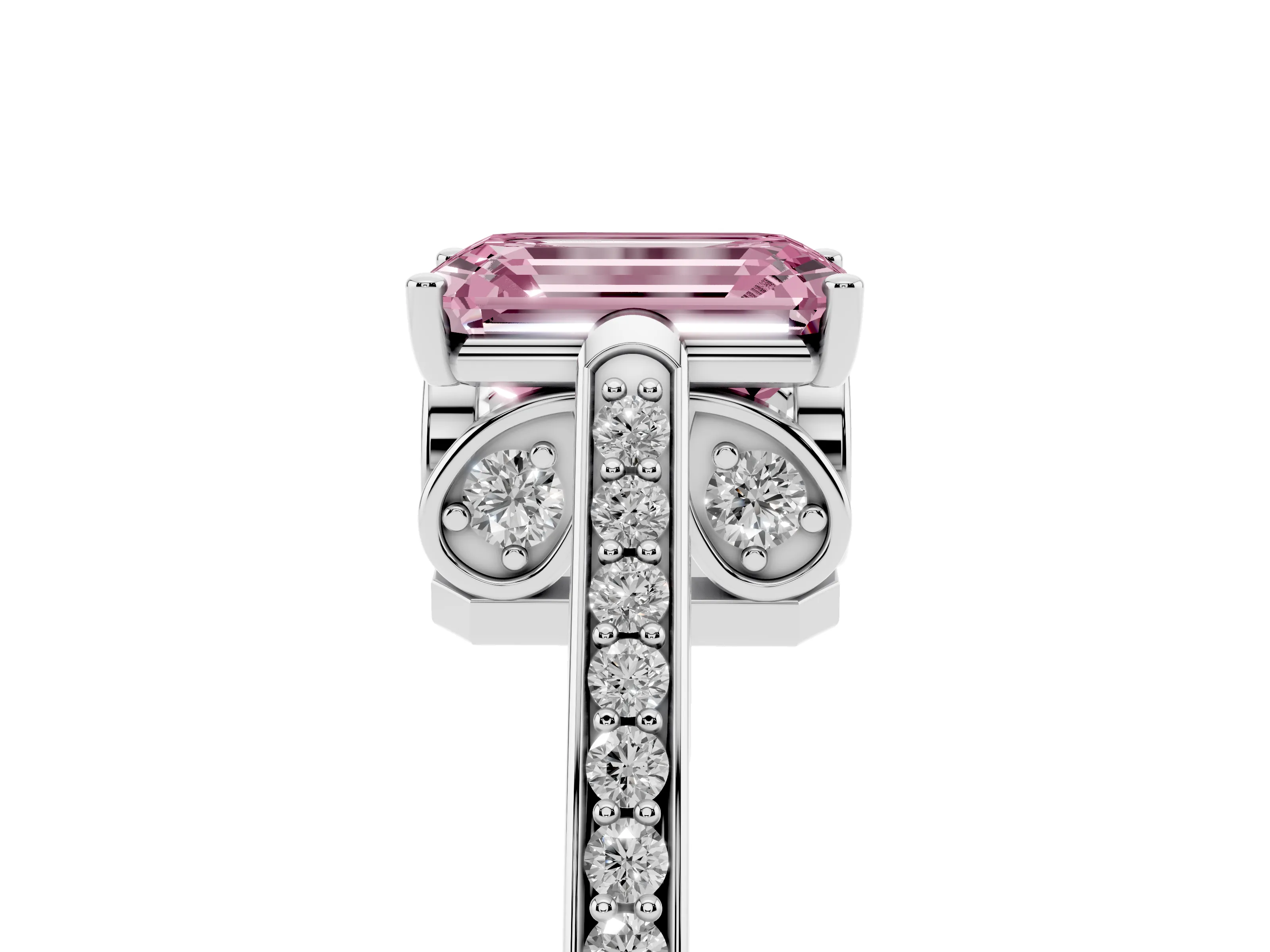 Fancy Pink Emerald Cut Diamond Cathedral Pavé Engagement Ring Set in Silver with Prong Setting