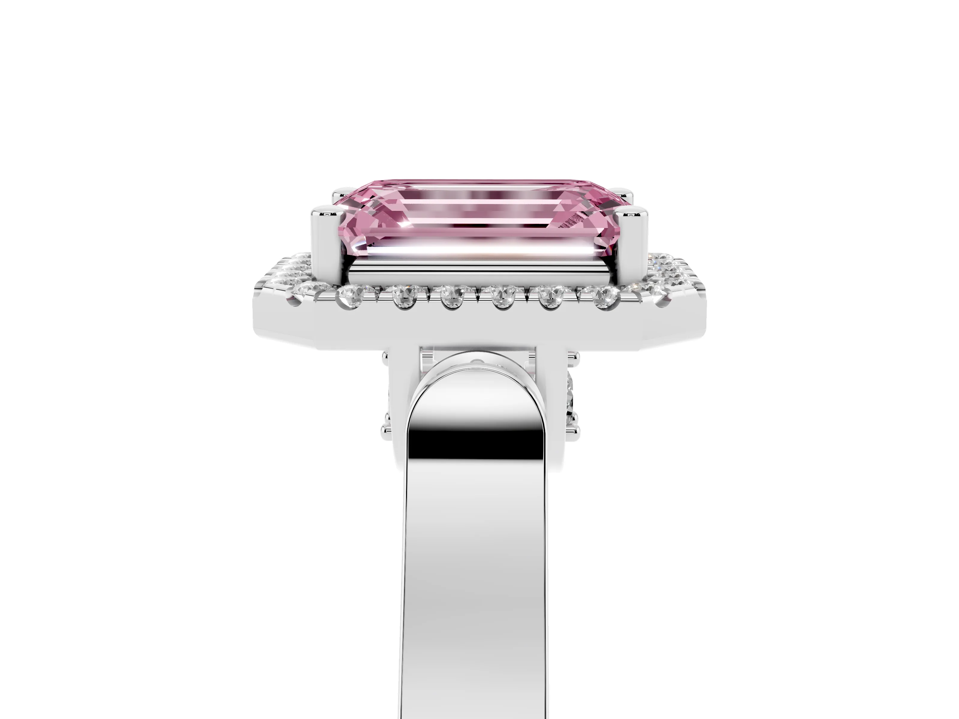 Fancy Pink Emerald Cut Diamond Halo Ring Set in Platinum with Pavé-Lined Split Shank Band