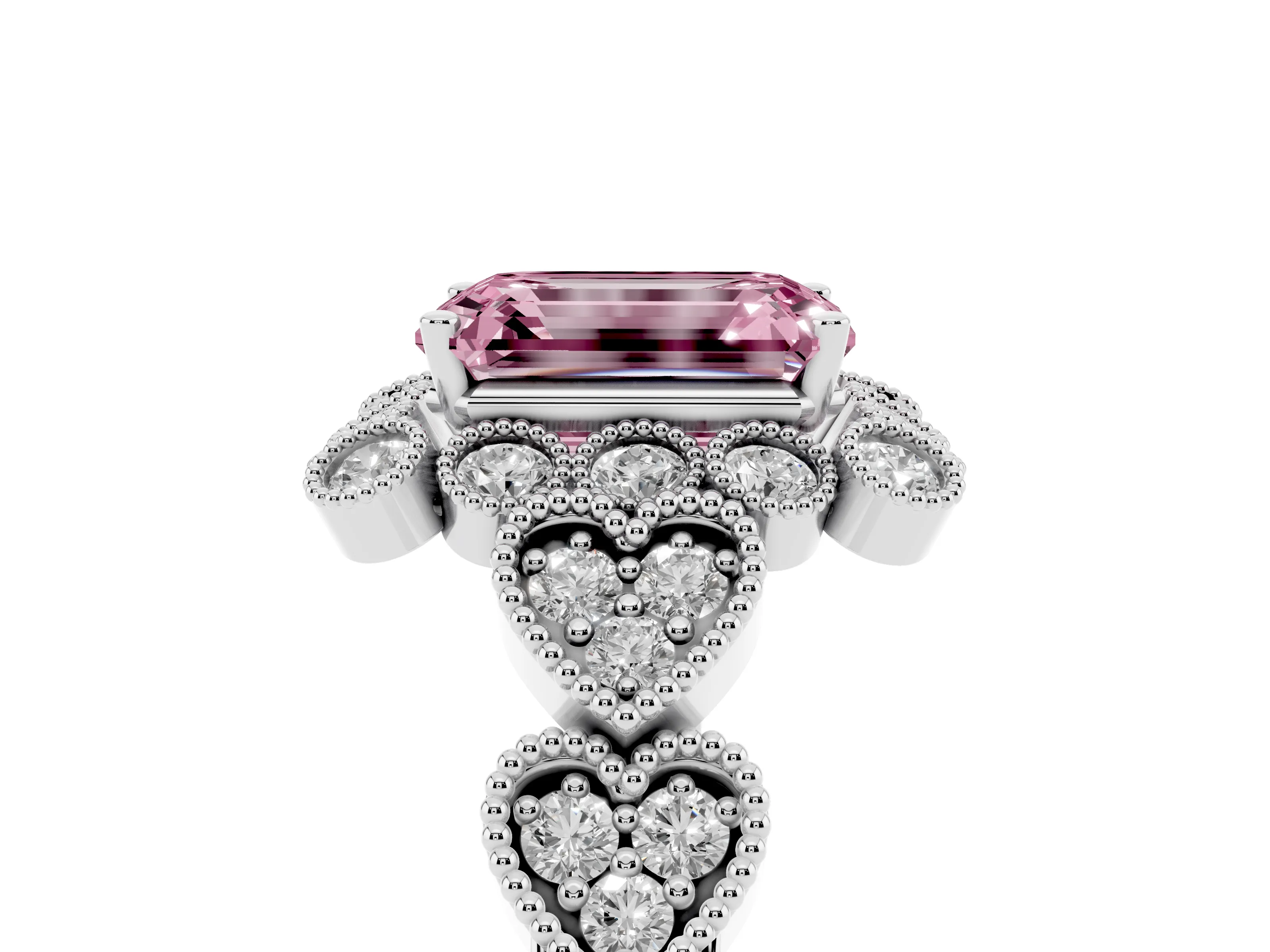 Fancy Pink Emerald Cut Diamond Solitaire Ring Set in Platinum with Milgrain Pavé Heart Band