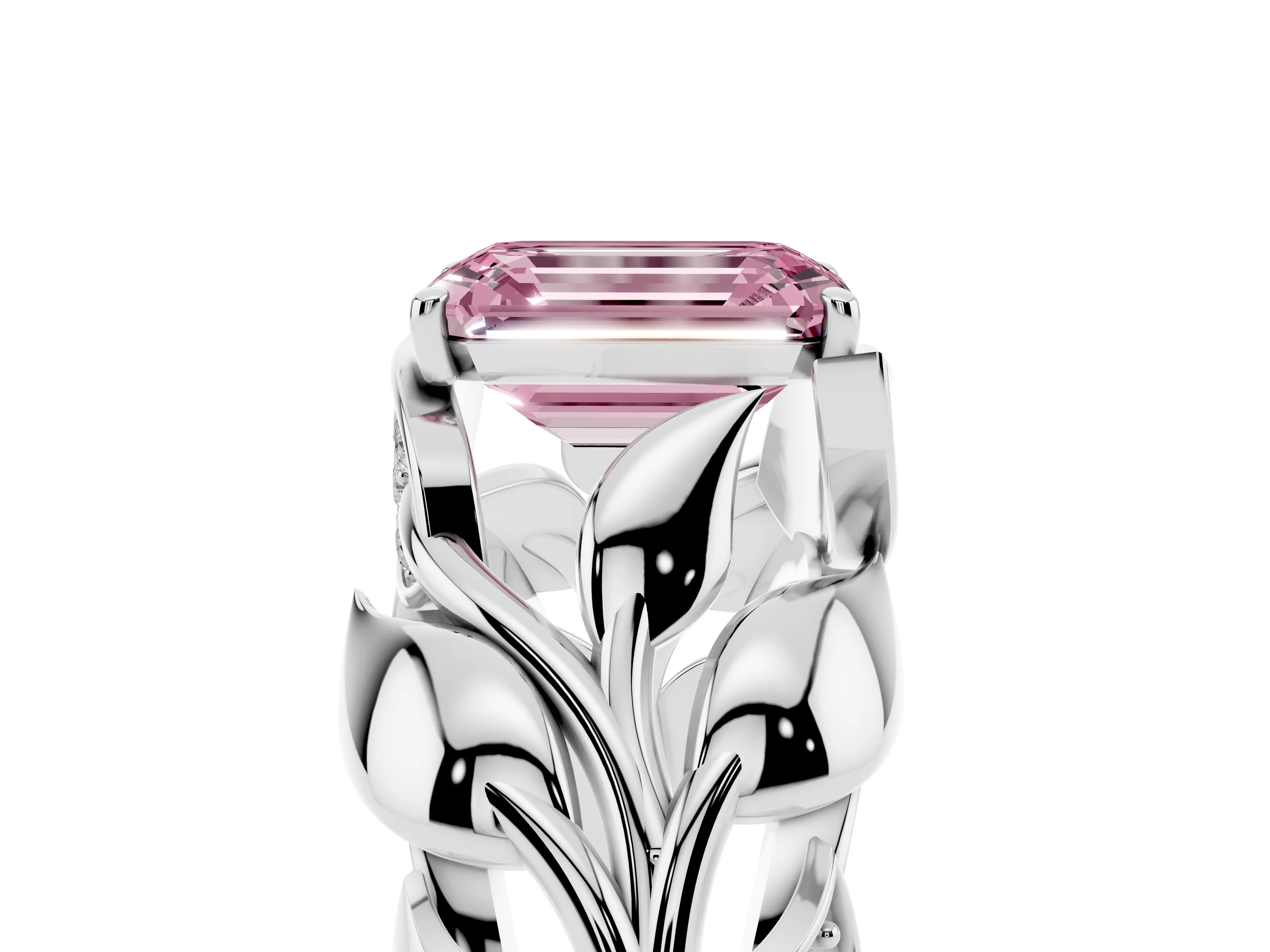 Fancy Pink Emerald Cut Diamond Leaf-Inspired Engagement Ring Set in Platinum with Round Accents