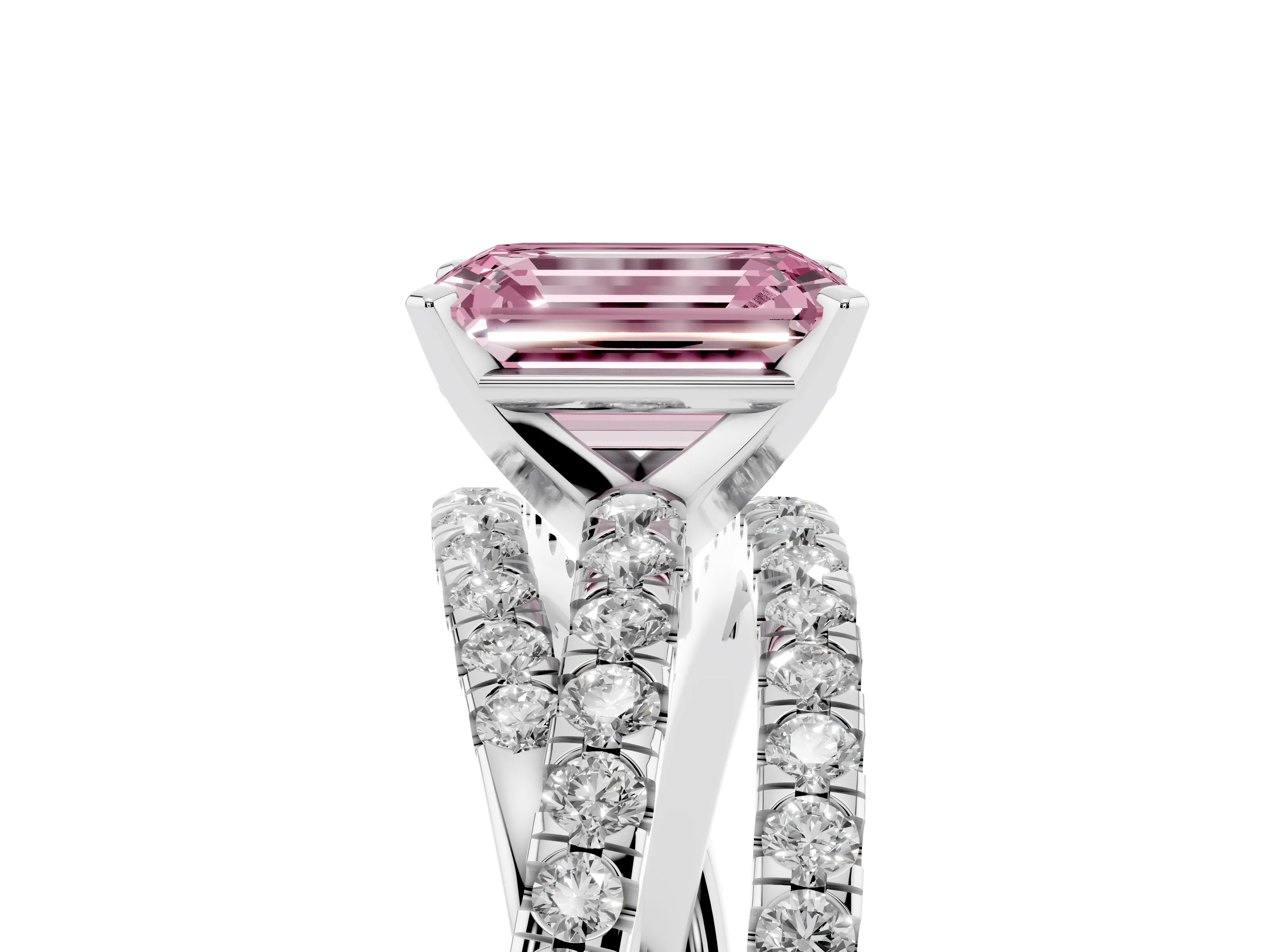 Fancy Pink Emerald Cut Diamond Solitaire Twist Band Ring Set in Silver with Pavé Setting and Prong Head